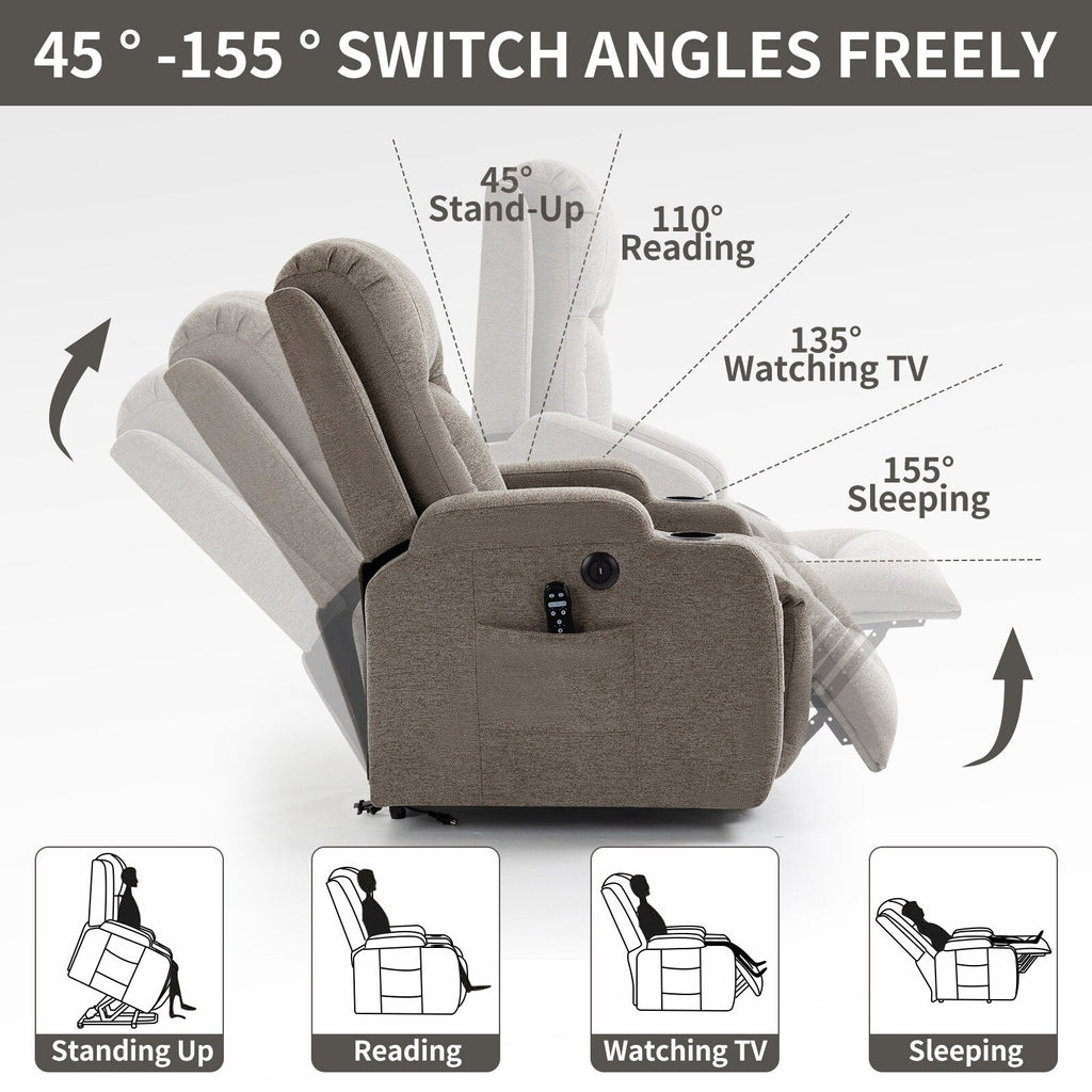 Fauteuil inclinable électrique avec massage, chauffage, port USB, soutien lombaire, deux porte-gobelets et poches latérales