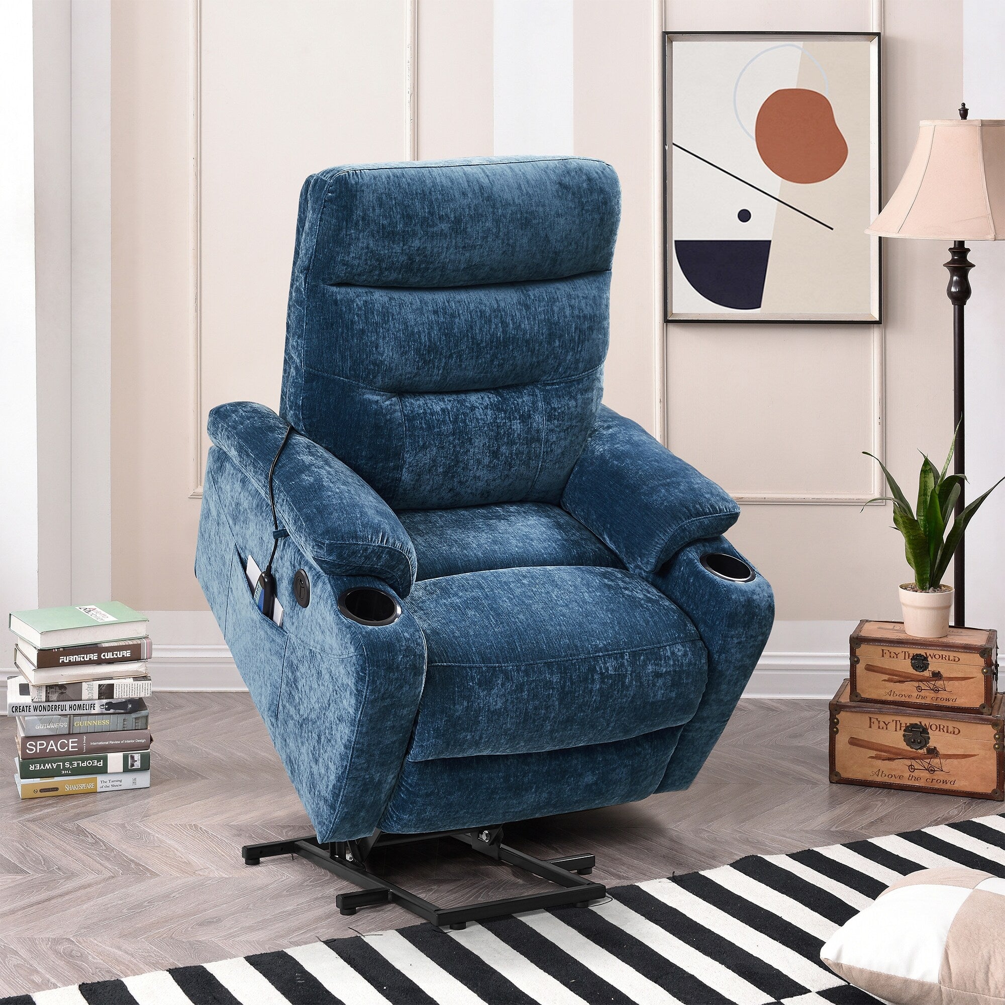 Fauteuil inclinable électrique avec massage, chauffage, port USB, poches latérales, porte-gobelets et dossier réglable, idéal pour les personnes âgées