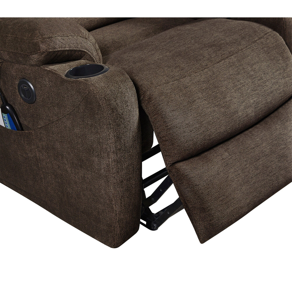 Fauteuil inclinable électrique avec massage, chauffage, port USB, poches latérales, porte-gobelets et dossier réglable, idéal pour les personnes âgées