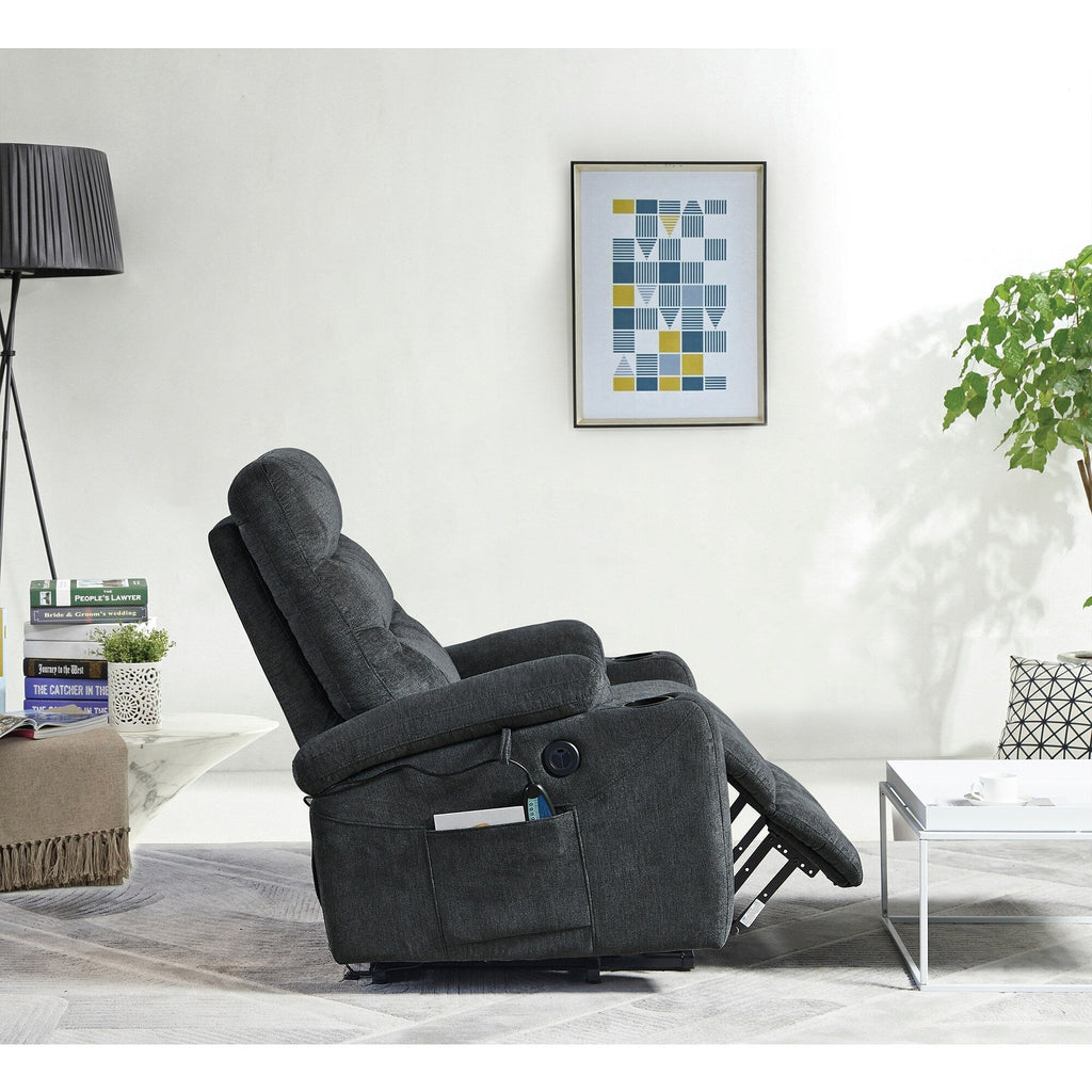 Fauteuil inclinable électrique avec massage, chauffage, port USB, poches latérales, porte-gobelets et dossier réglable, idéal pour les personnes âgées