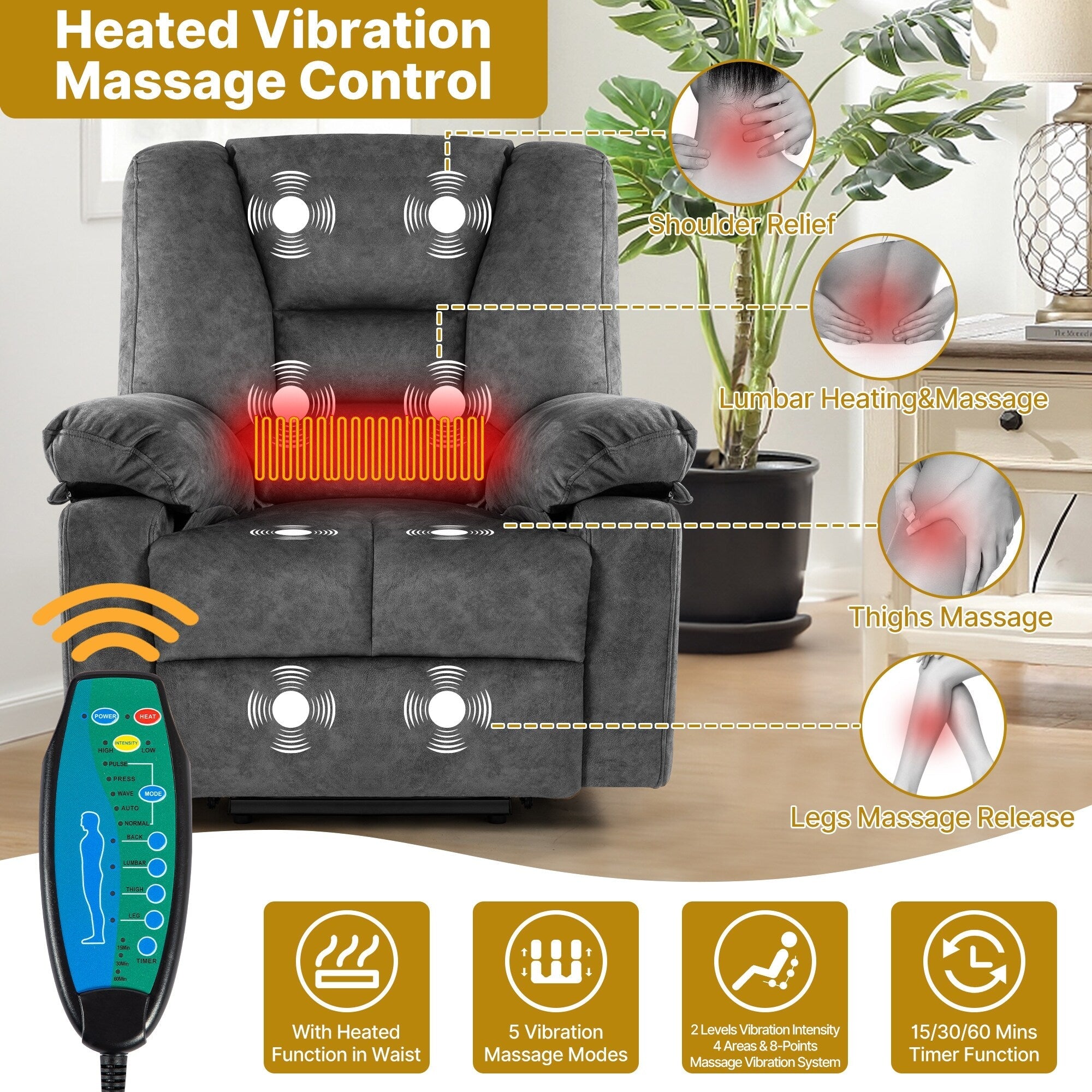 Fauteuil inclinable électrique avec massage, chauffage et capacité de charge de 150 kg
