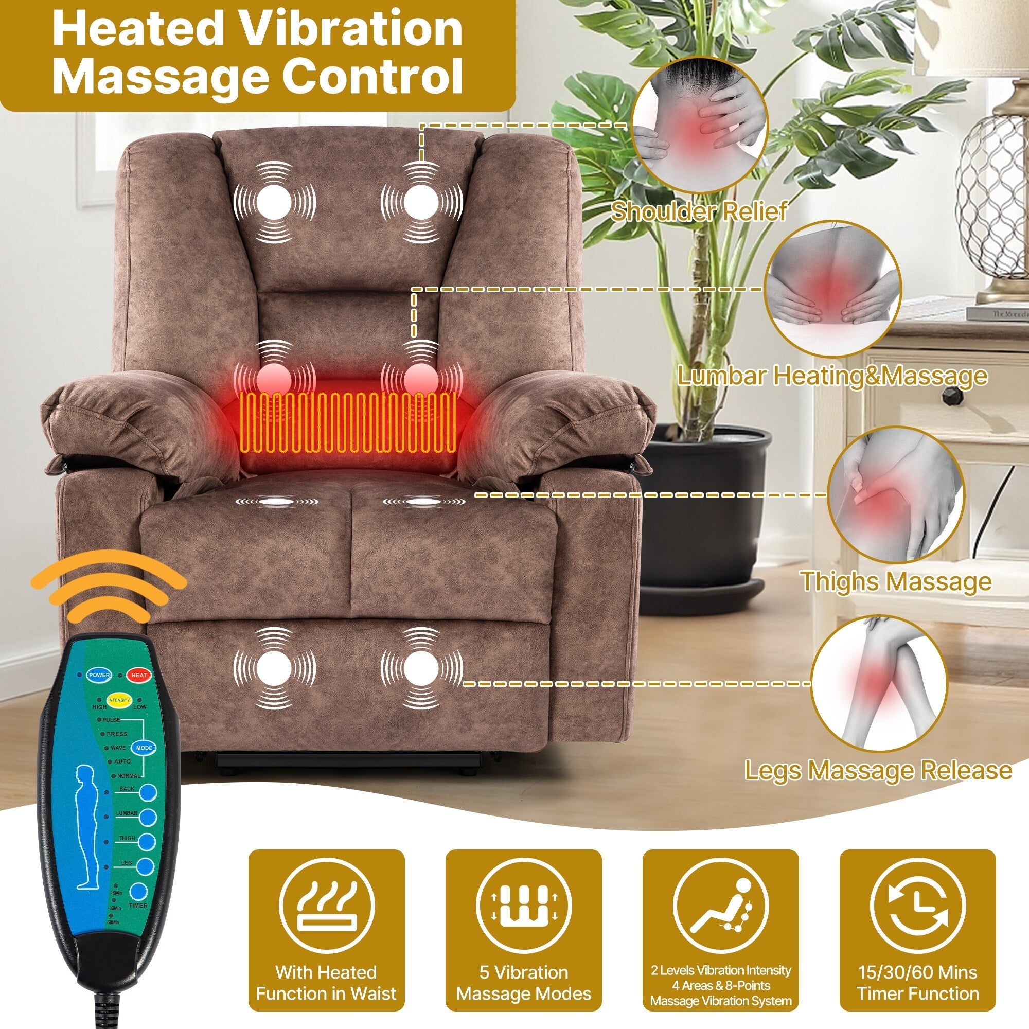 Fauteuil inclinable électrique avec massage, chauffage et capacité de charge de 150 kg
