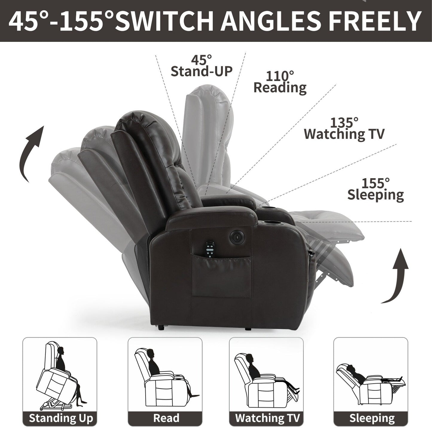 Fauteuil inclinable électrique avec massage, chauffage lombaire, port de chargement USB et porte-gobelets