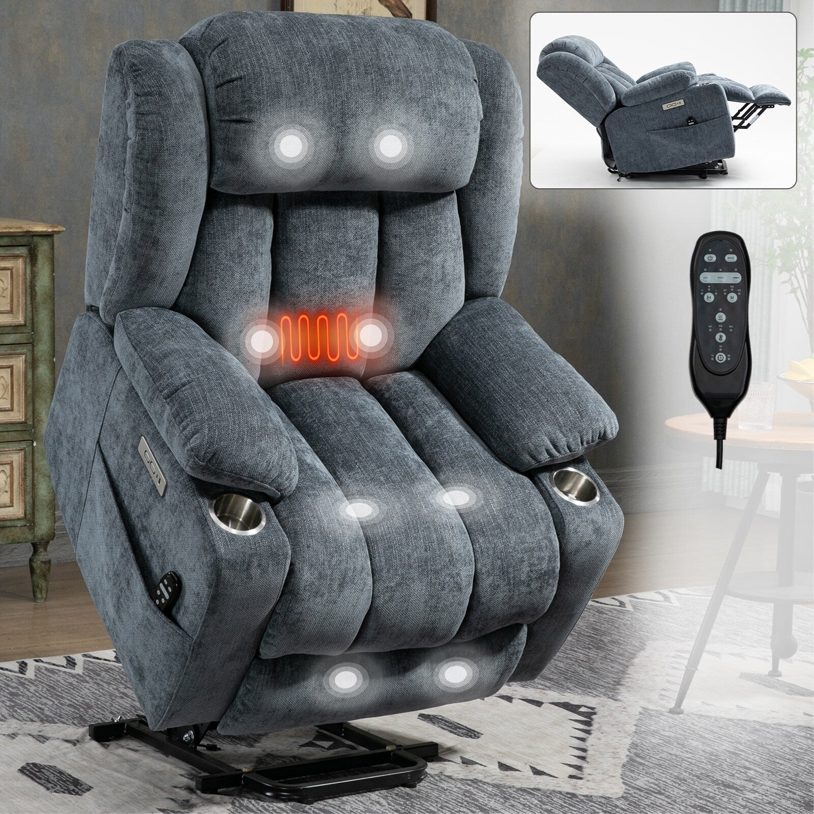 Fauteuil inclinable électrique avec massage, chauffage lombaire, ports USB et Type-C et porte-gobelets en acier inoxydable
