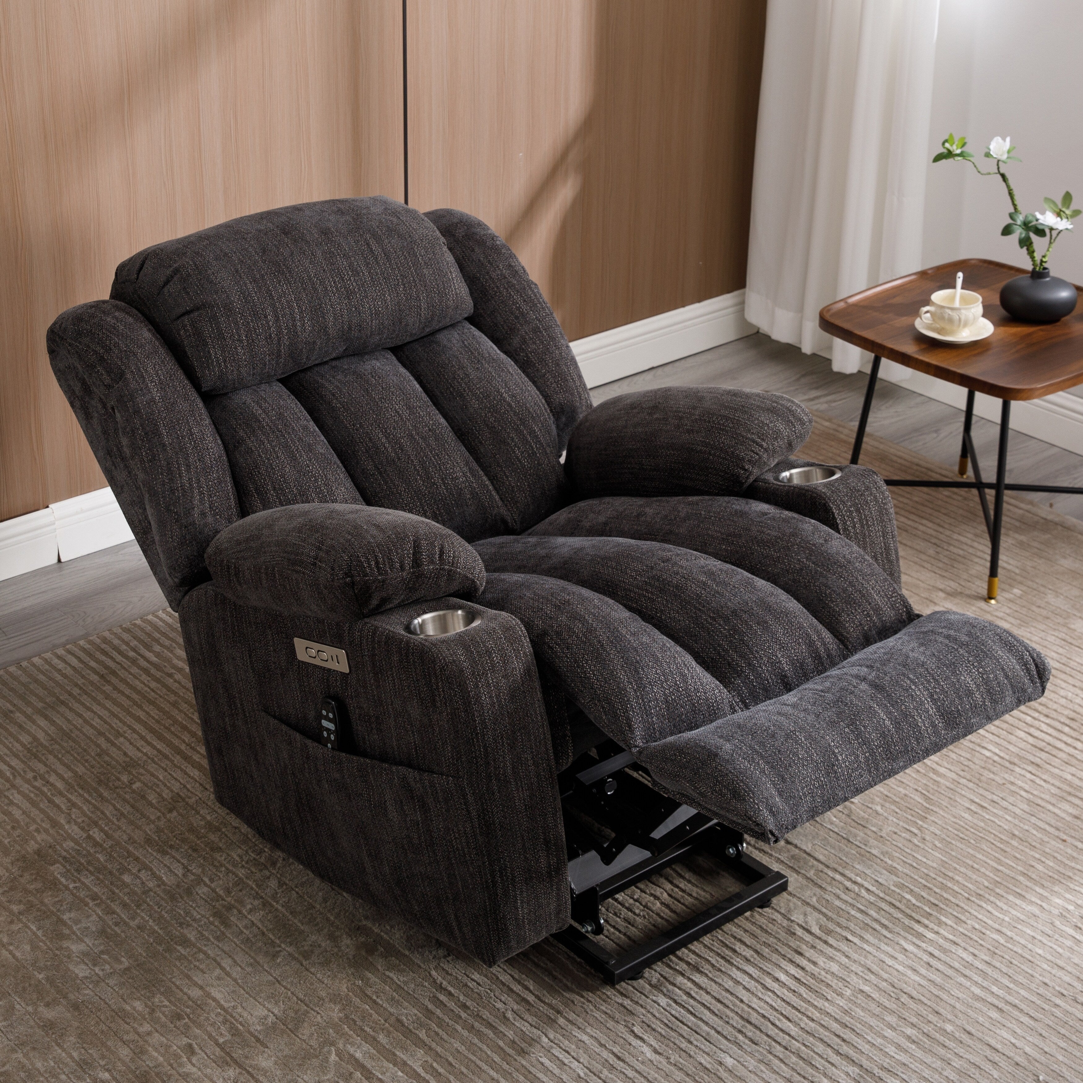 Fauteuil inclinable électrique avec massage, chauffage lombaire, ports USB et Type-C et porte-gobelets en acier inoxydable