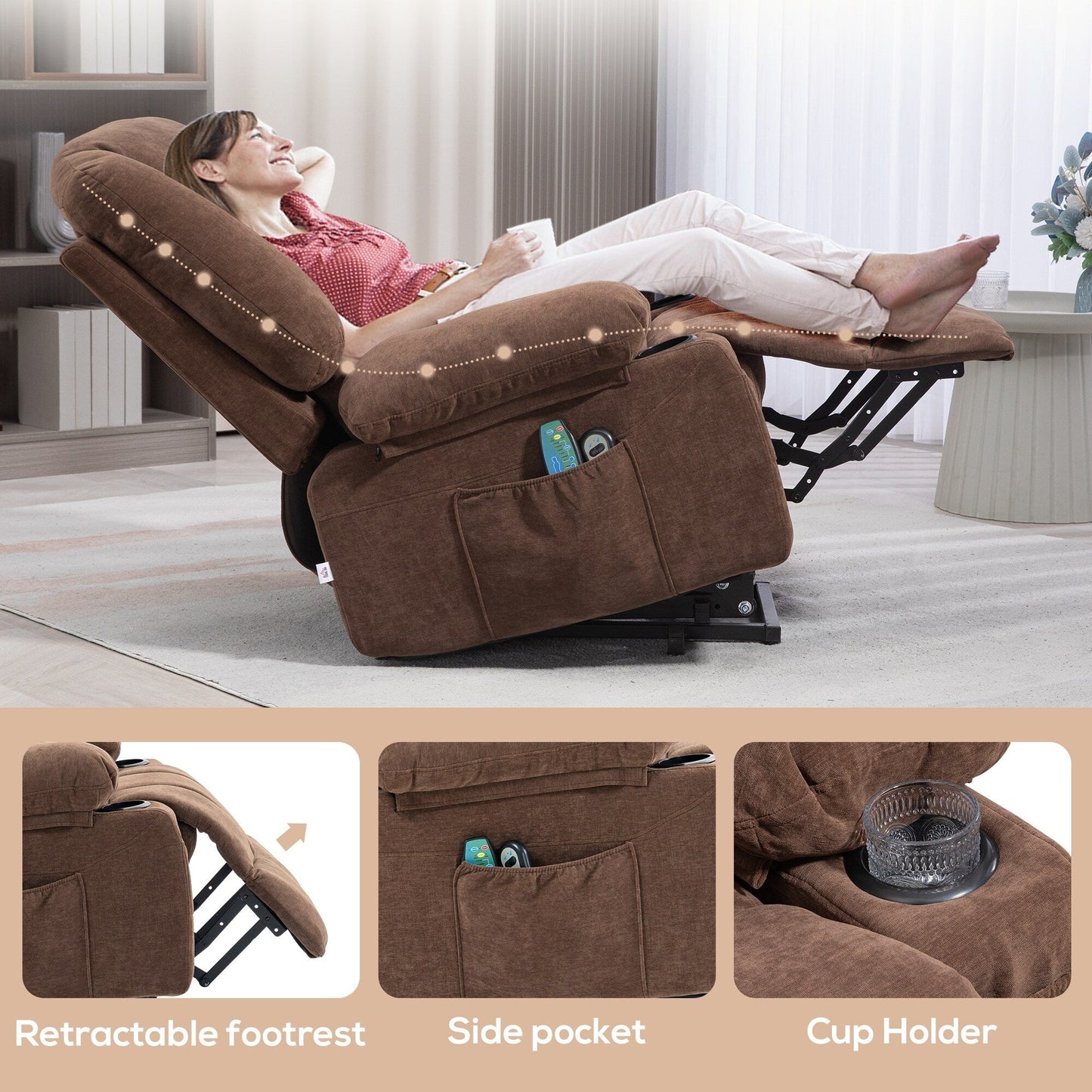 Fauteuil inclinable électrique avec massage par vibration, chauffage, télécommande, montage rapide et poches latérales