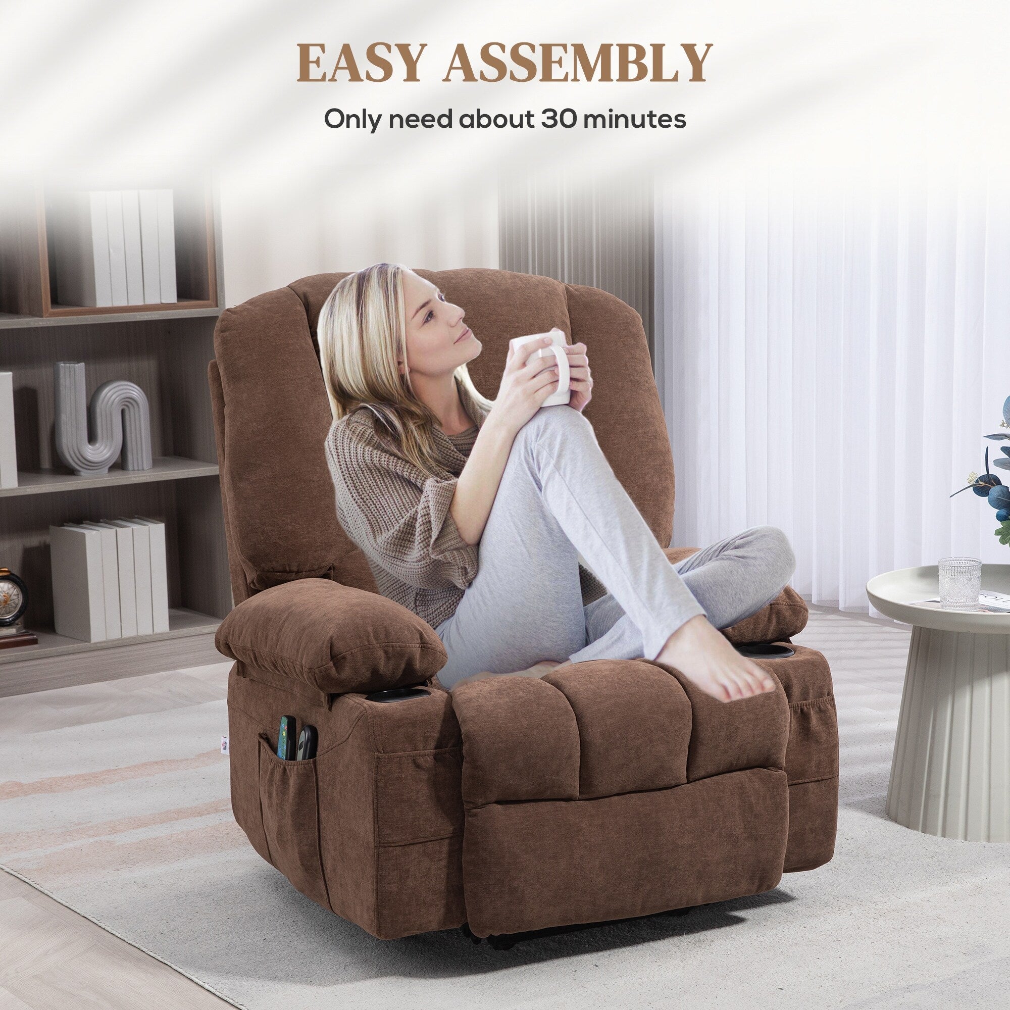 Fauteuil inclinable électrique avec massage par vibration, chauffage, télécommande, montage rapide et poches latérales