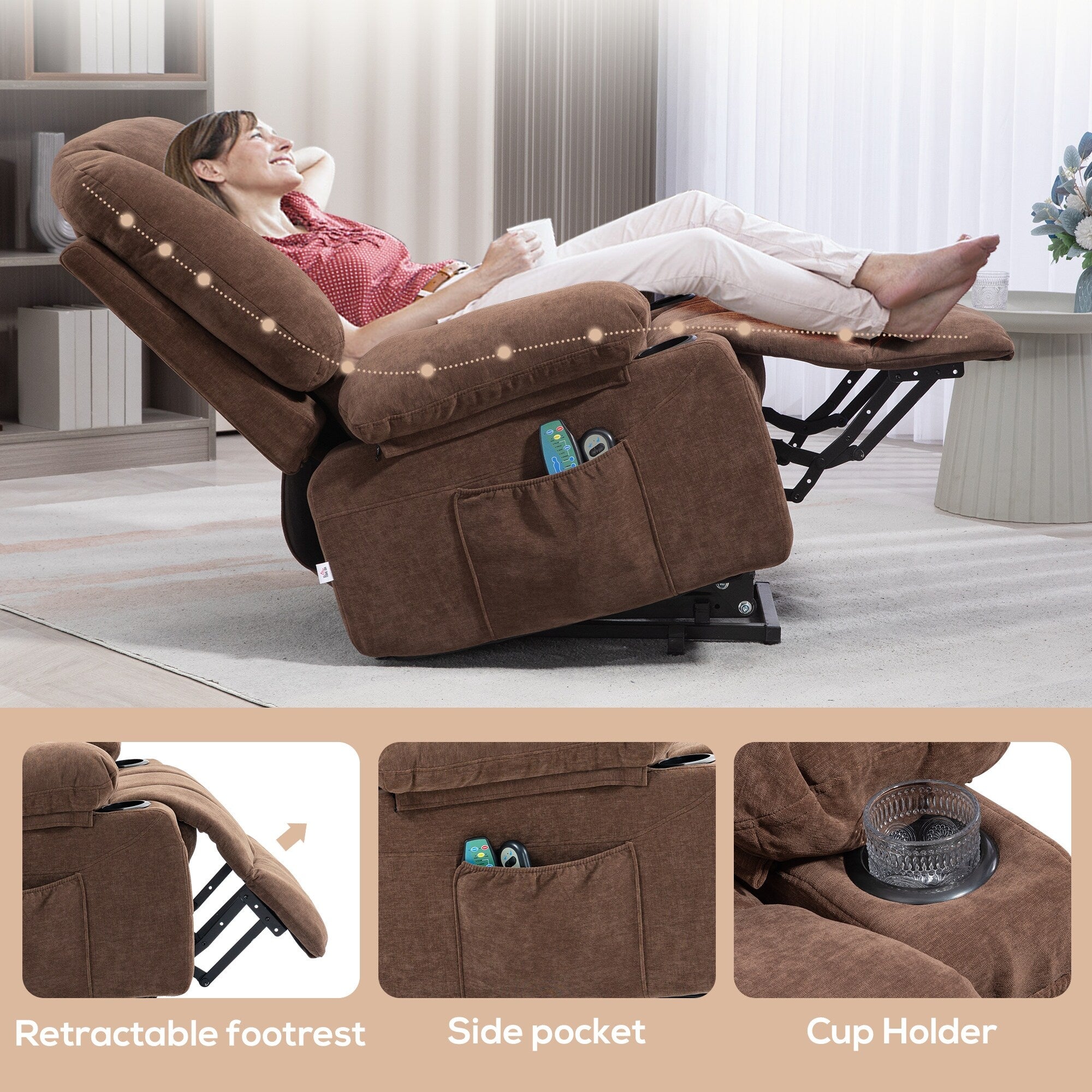 Fauteuil inclinable électrique avec massage par vibration, chauffage, télécommande, montage rapide et poches latérales