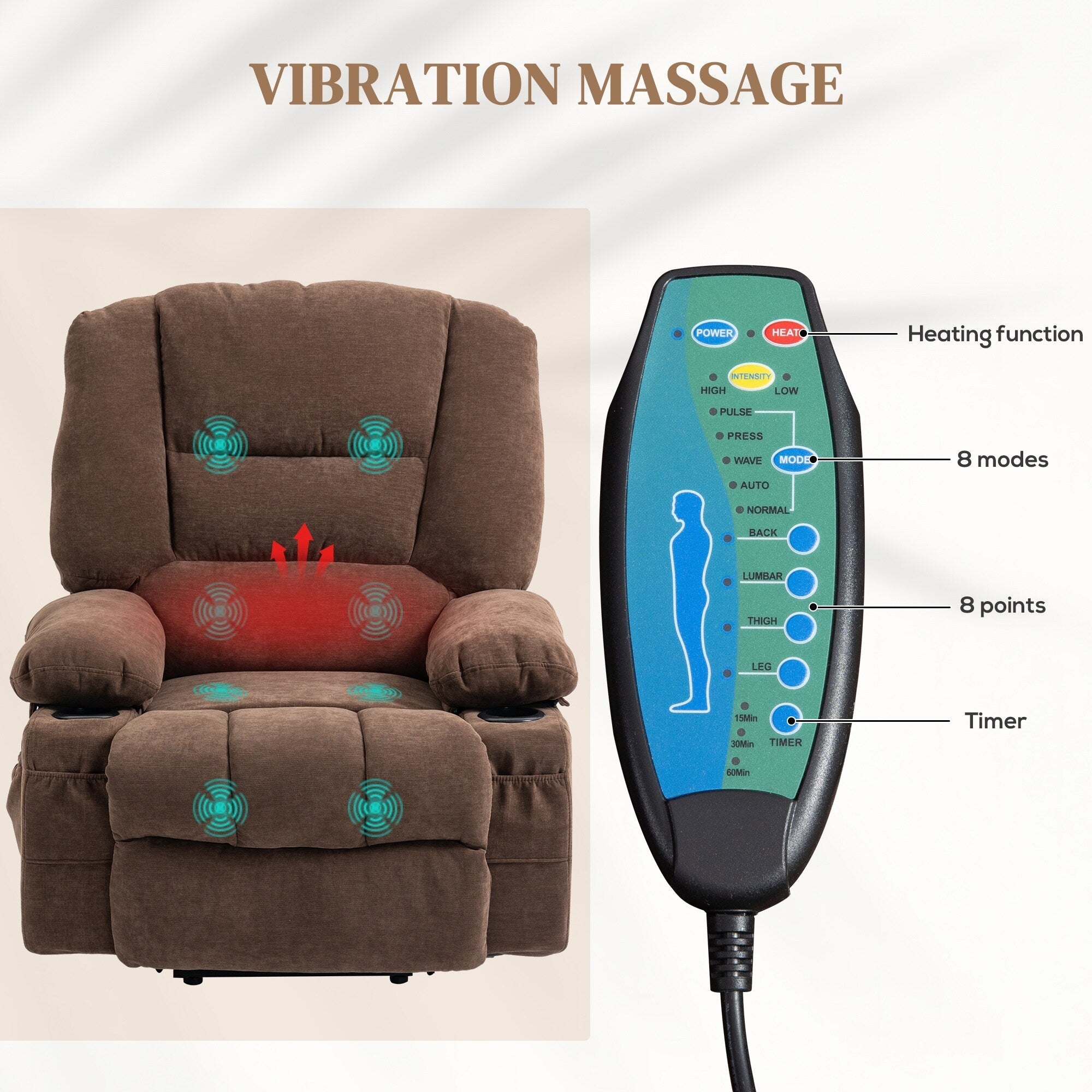 Fauteuil inclinable électrique avec massage par vibration, chauffage, télécommande, montage rapide et poches latérales
