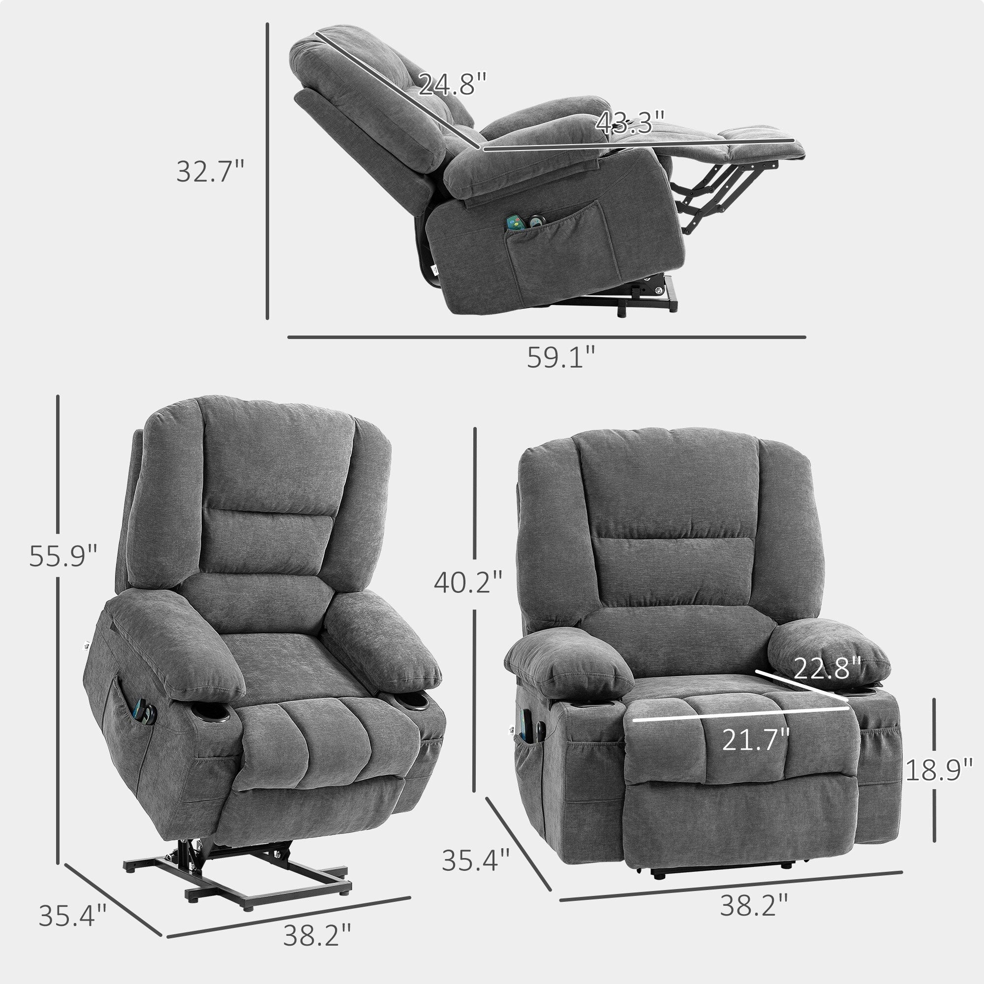 Fauteuil inclinable électrique avec massage par vibration, chauffage, télécommande, montage rapide et poches latérales