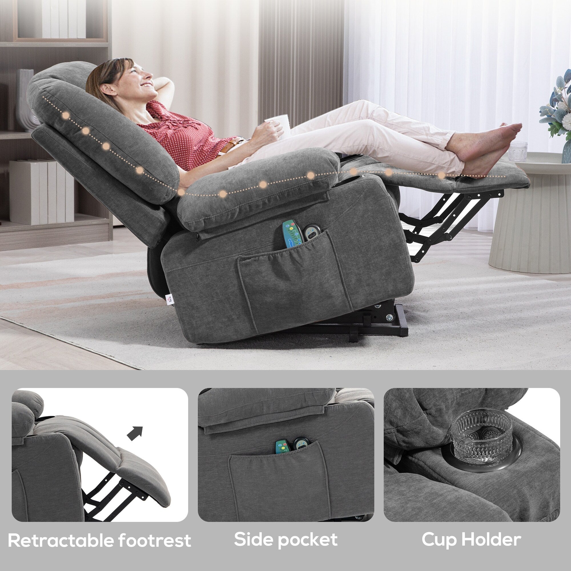Fauteuil inclinable électrique avec massage par vibration, chauffage, télécommande, montage rapide et poches latérales