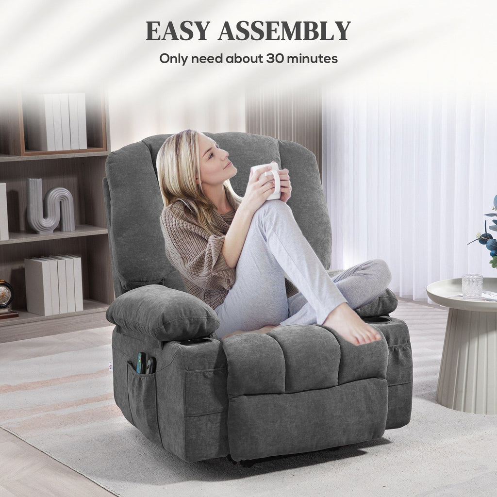 Fauteuil inclinable électrique avec massage par vibration, chauffage, télécommande, montage rapide et poches latérales