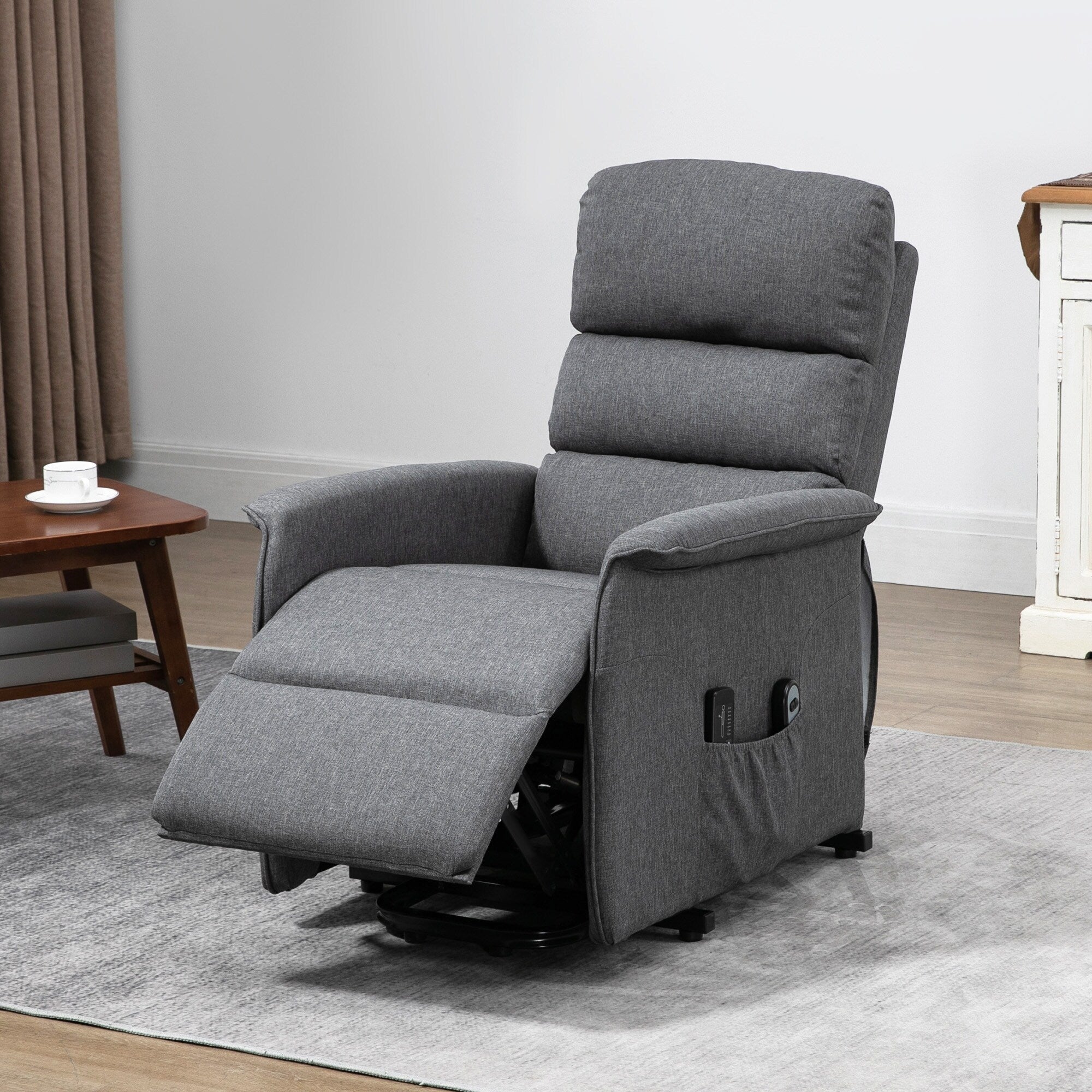 Fauteuil inclinable électrique avec massage par vibrations, télécommande, poches latérales, inclinaison réglable et repose-pieds