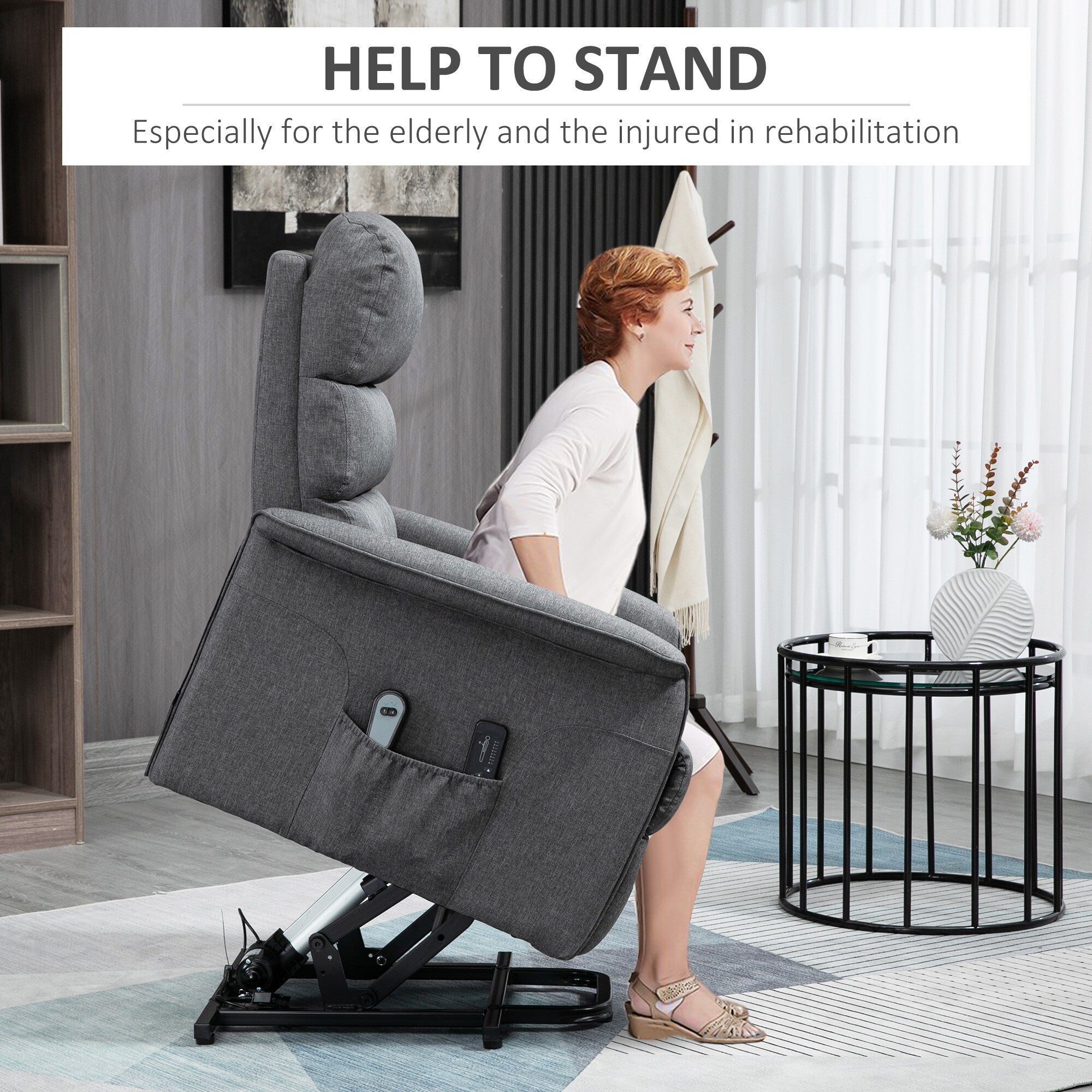 Fauteuil inclinable électrique avec massage par vibrations, télécommande, poches latérales, inclinaison réglable et repose-pieds