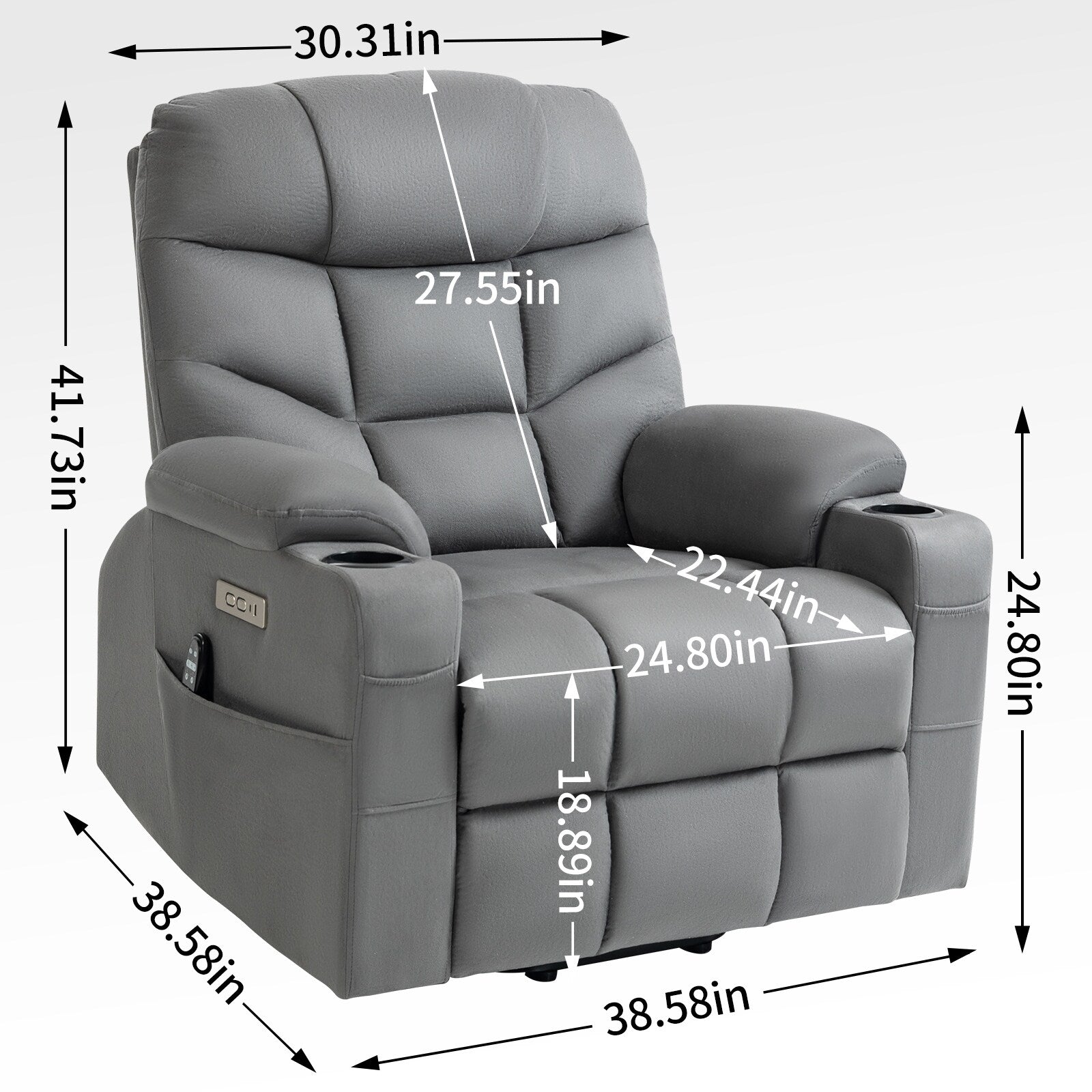 Fauteuil inclinable électrique avec moteur Okin, massage par vibrations à 8 points, chauffage lombaire, ports USB et Type-C, deux porte-gobelets