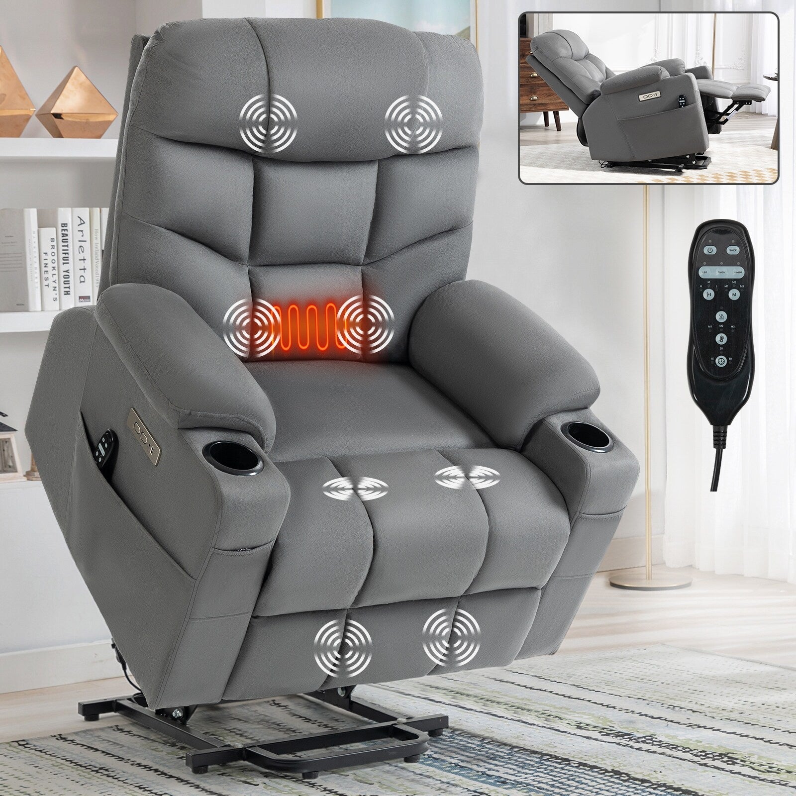 Fauteuil inclinable électrique avec moteur Okin, massage par vibrations à 8 points, chauffage lombaire, ports USB et Type-C, deux porte-gobelets