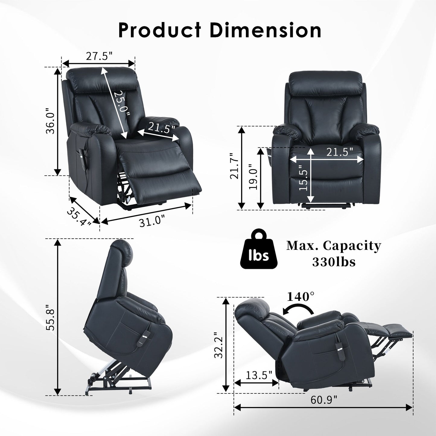 Fauteuil inclinable électrique pour personnes âgées avec télécommande et poche latérale