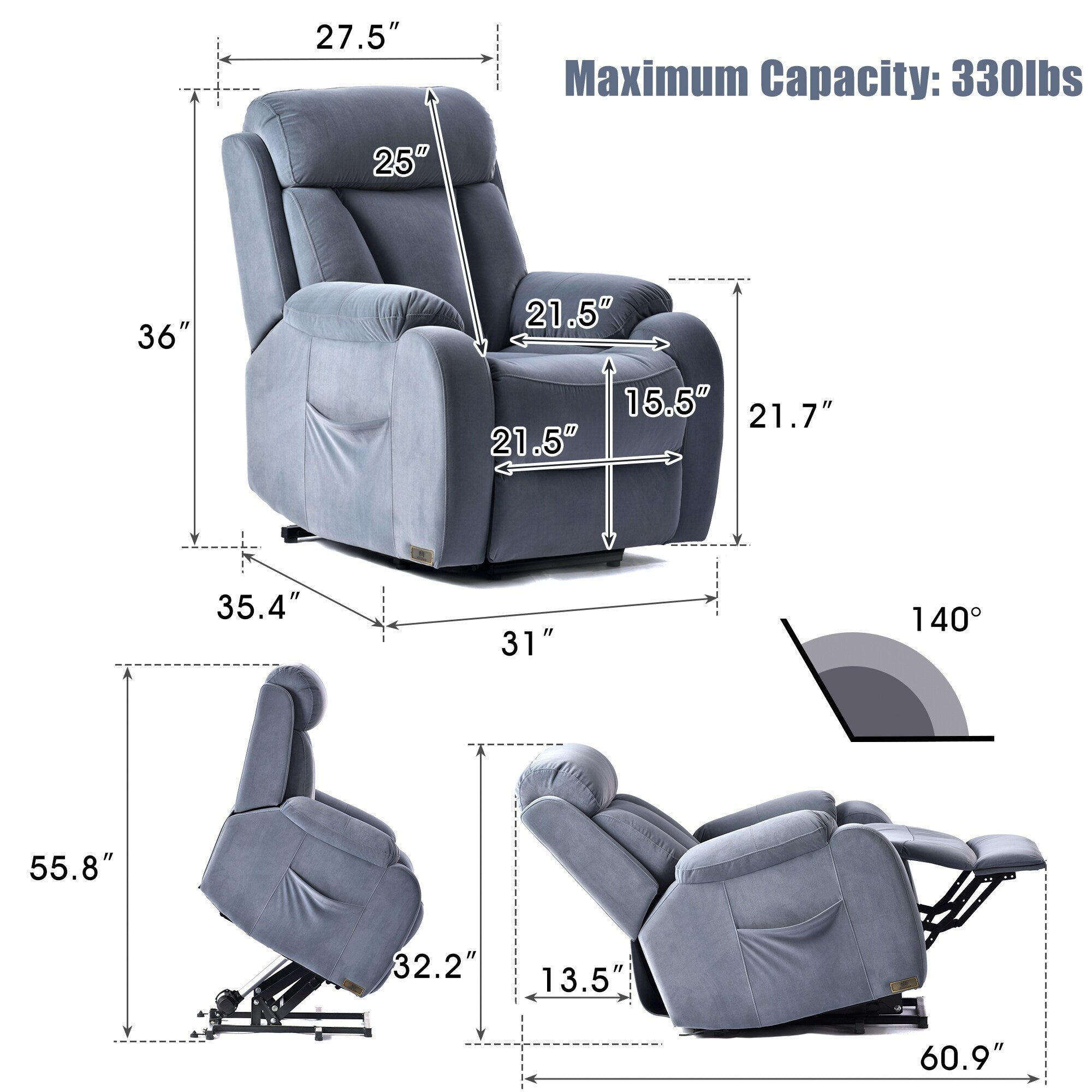 Fauteuil inclinable électrique pour personnes âgées avec télécommande et poche latérale