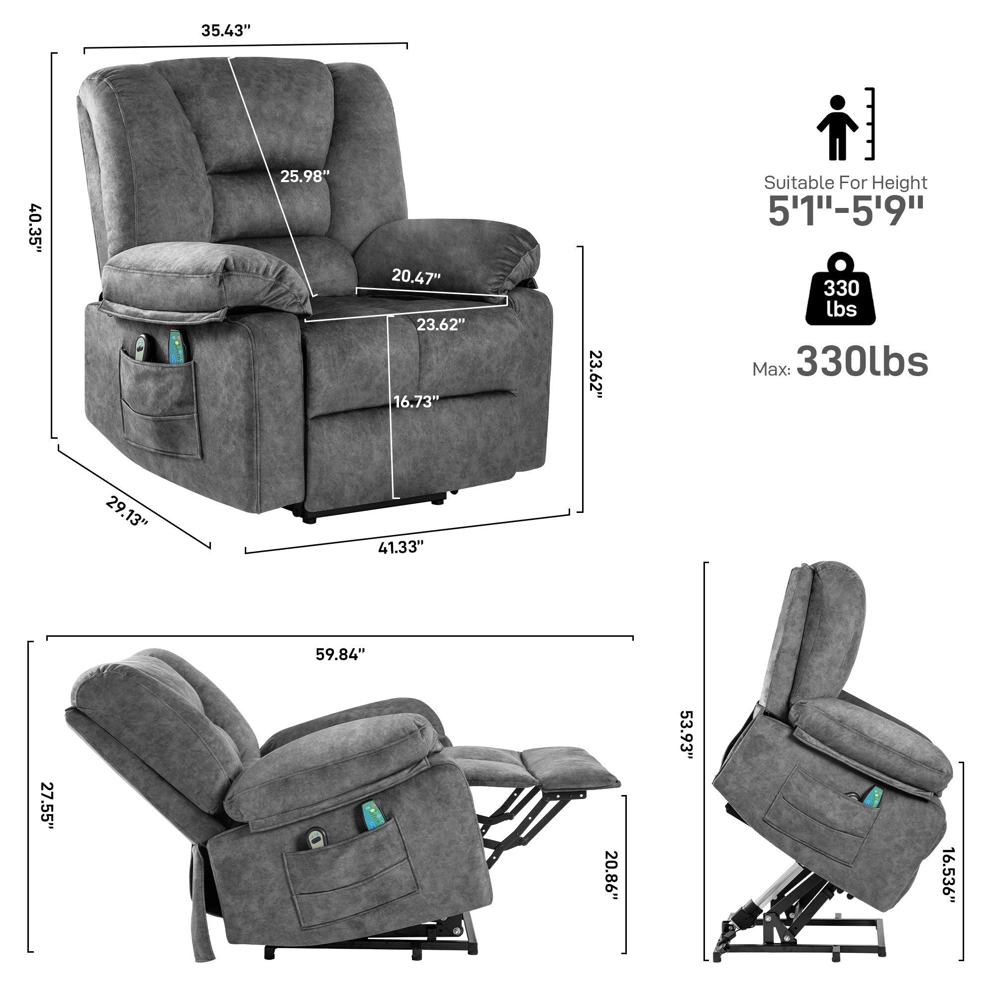 Fauteuil inclinable électrique pour personnes âgées avec massage et chauffage, montage facile, soutien confortable et positions réglables