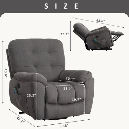 Fauteuil inclinable électrique avec chauffage, massage, port USB, porte-gobelets dissimulés, inclinaison réglable et poches latérales