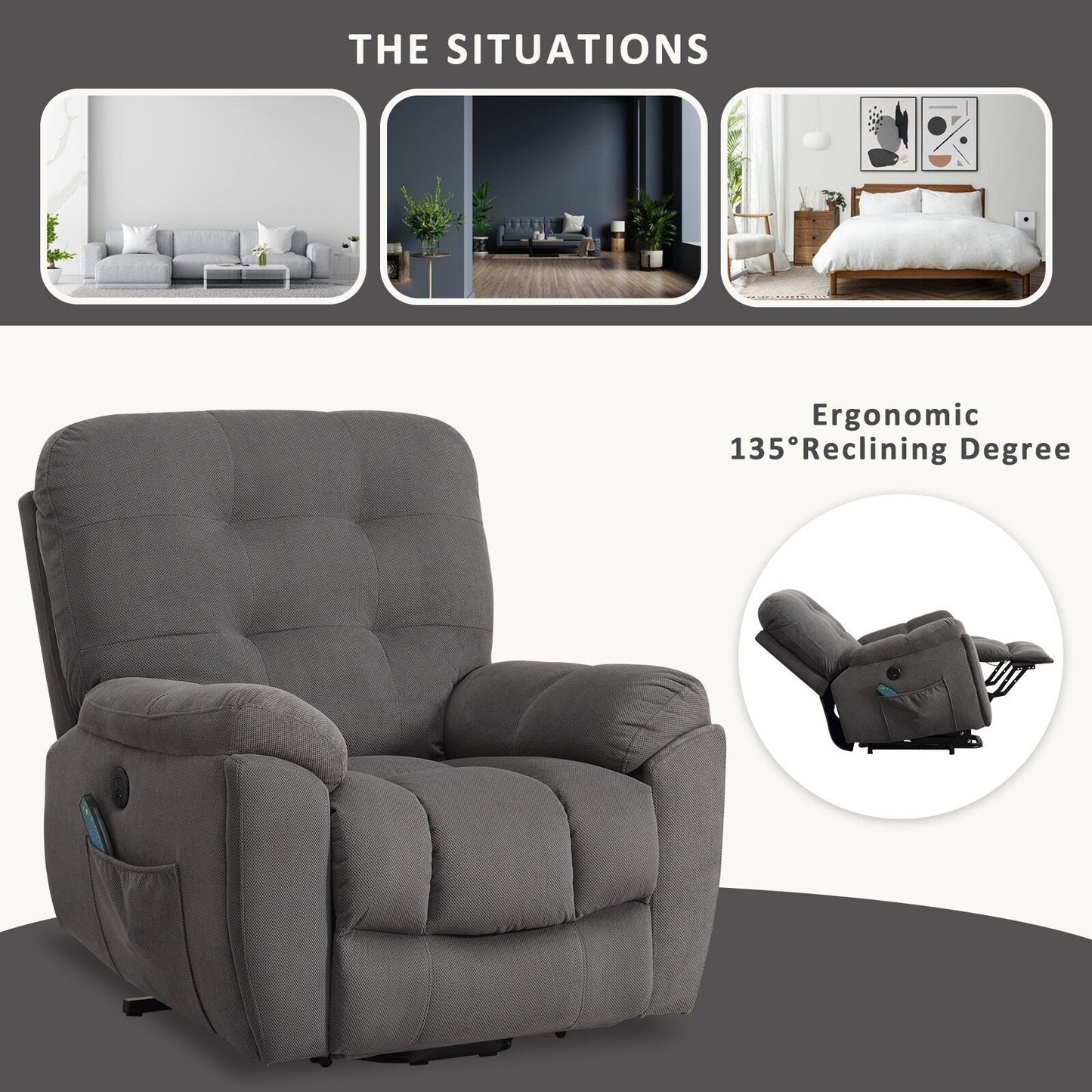 Fauteuil inclinable électrique avec chauffage, massage, port USB, porte-gobelets dissimulés, inclinaison réglable et poches latérales