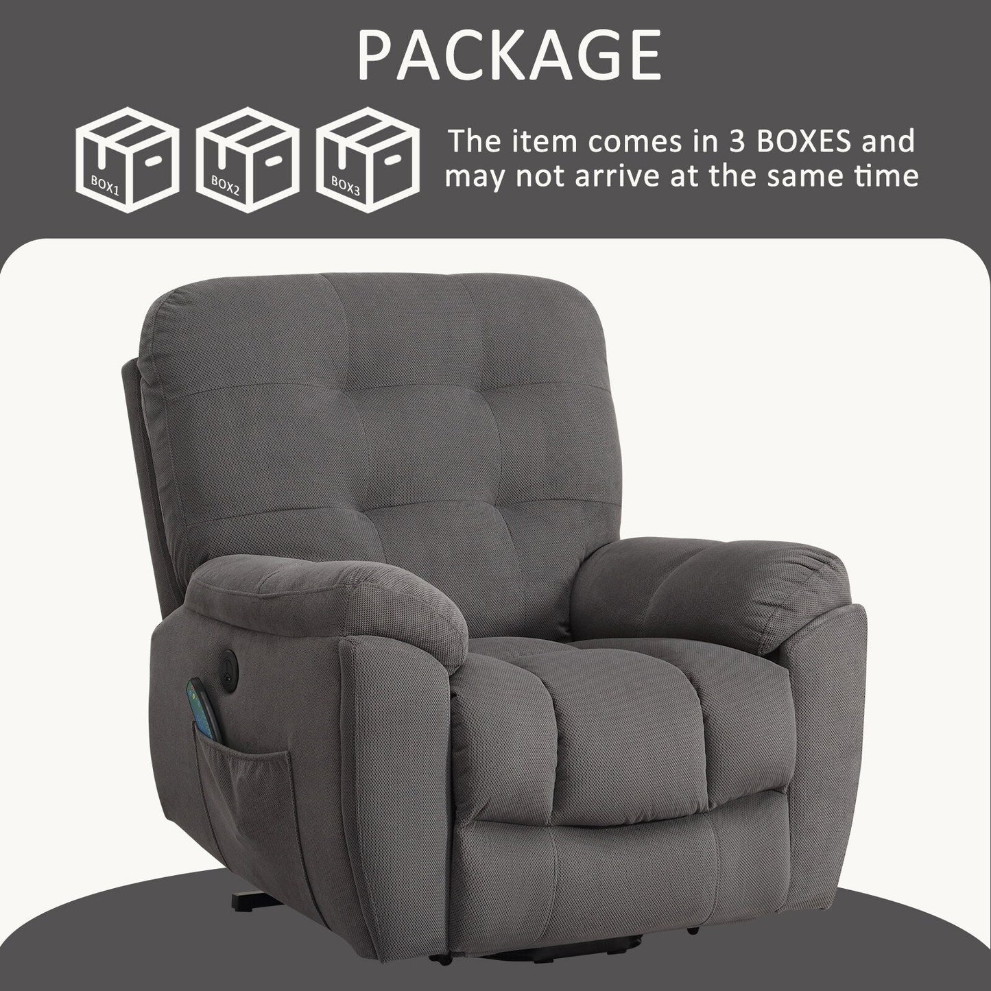Fauteuil inclinable électrique avec chauffage, massage, port USB, porte-gobelets dissimulés, inclinaison réglable et poches latérales