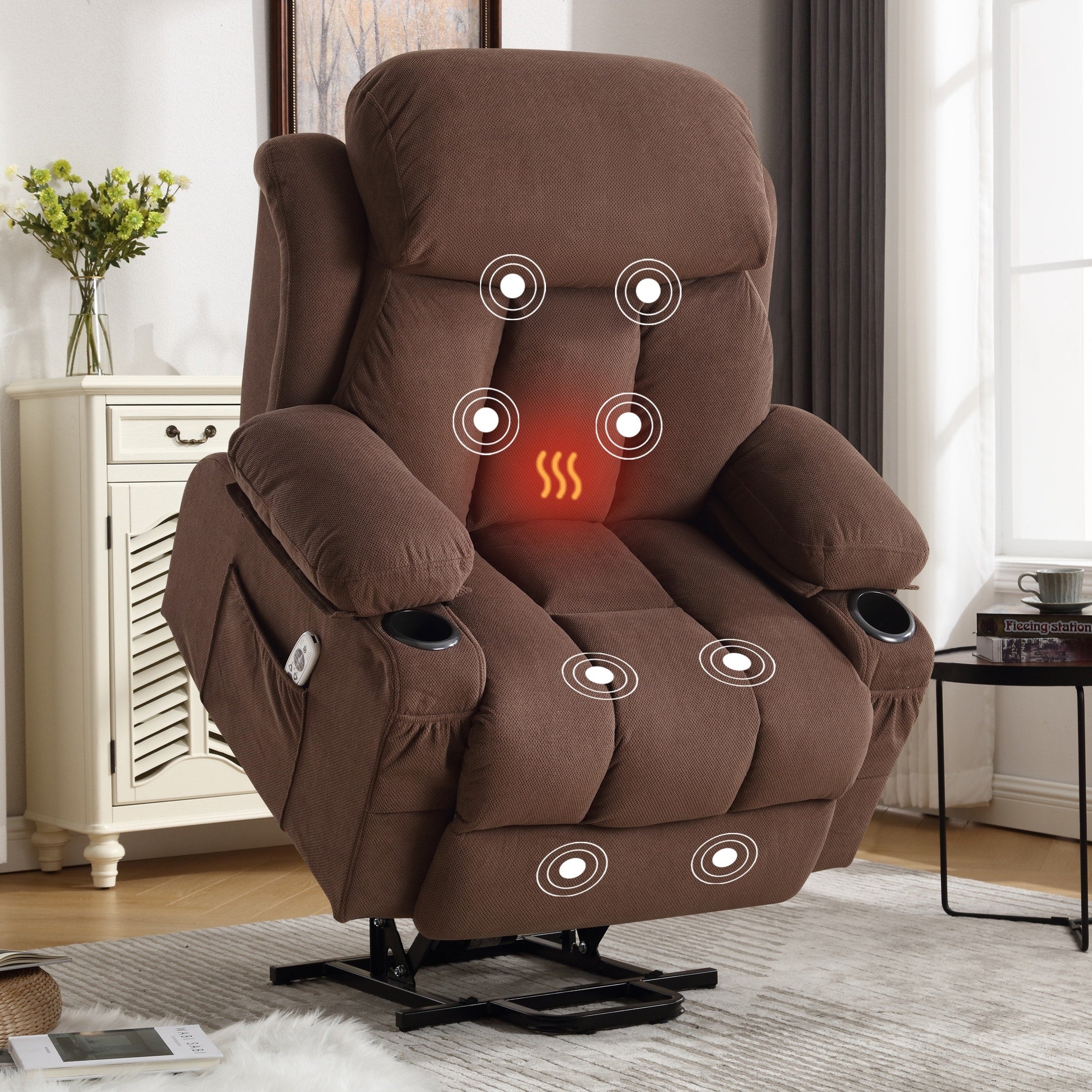 Fauteuil inclinable électrique avec chauffage, massage par vibrations, chargement USB, télécommande et poches de rangement pour personnes âgées