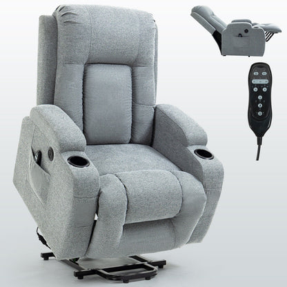 Fauteuil inclinable électrique avec massage et chauffage lombaire, chargement USB, deux porte-gobelets et rangement latéral spacieux