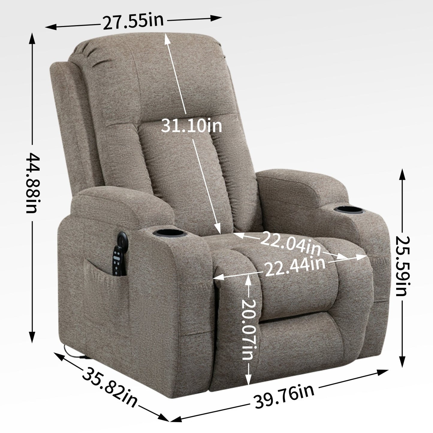 Fauteuil inclinable électrique avec massage et chauffage lombaire, chargement USB, deux porte-gobelets et rangement latéral spacieux