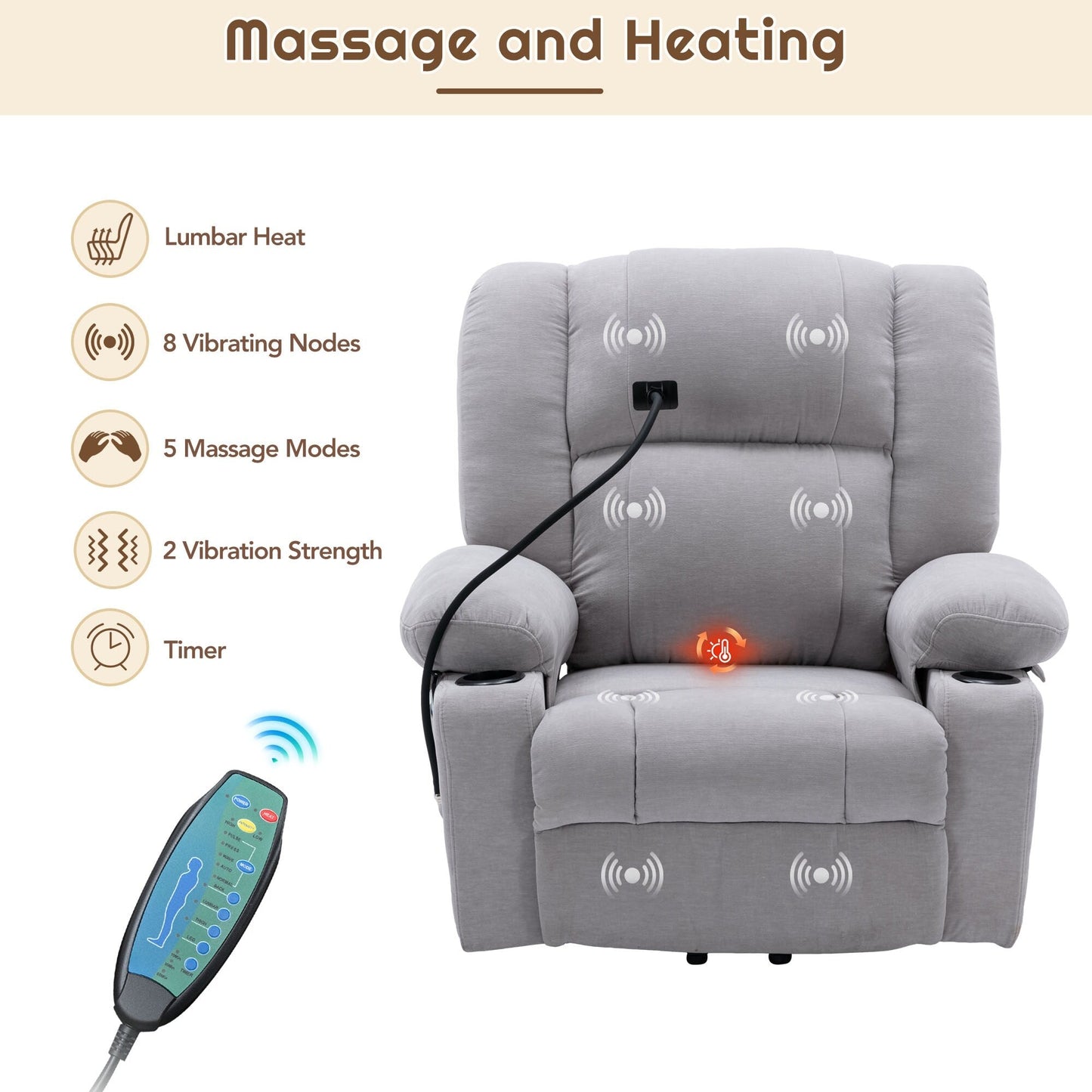 Fauteuil inclinable électrique avec massage, chauffage et support pour téléphone