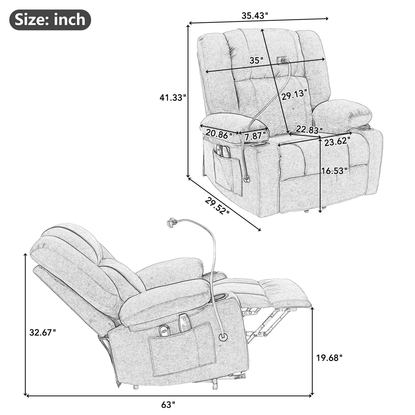 Fauteuil inclinable électrique avec massage, chauffage et support pour téléphone