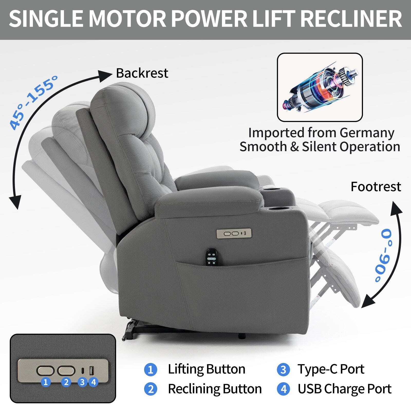 Fauteuil inclinable électrique avec massage, chauffage et ports USB