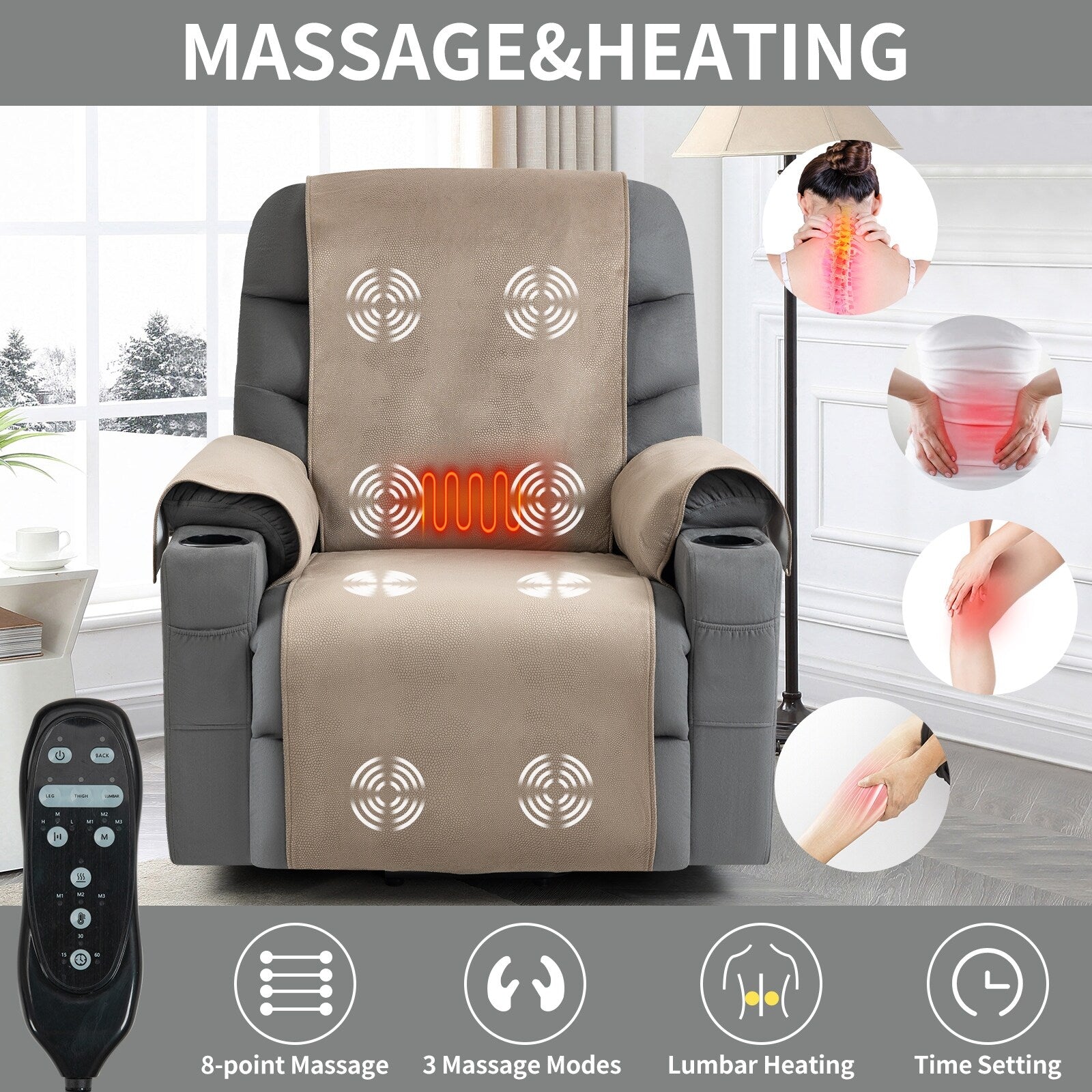 Fauteuil inclinable électrique avec massage, chauffage et ports USB