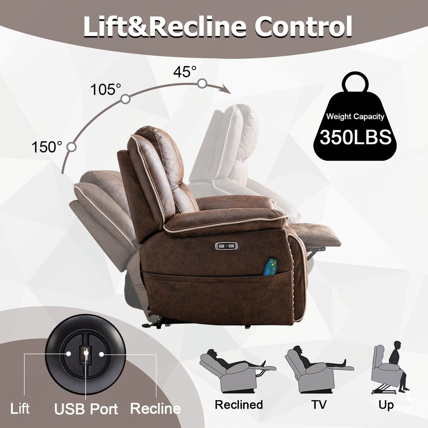 Fauteuil confortable Power Lift avec chauffage massant, porte-gobelet et port USB