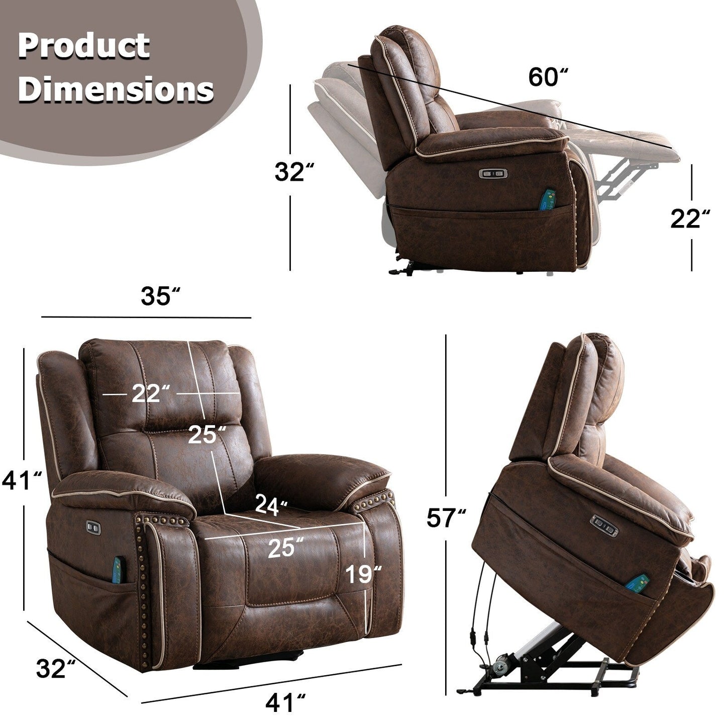 Fauteuil confortable Power Lift avec chauffage massant, porte-gobelet et port USB