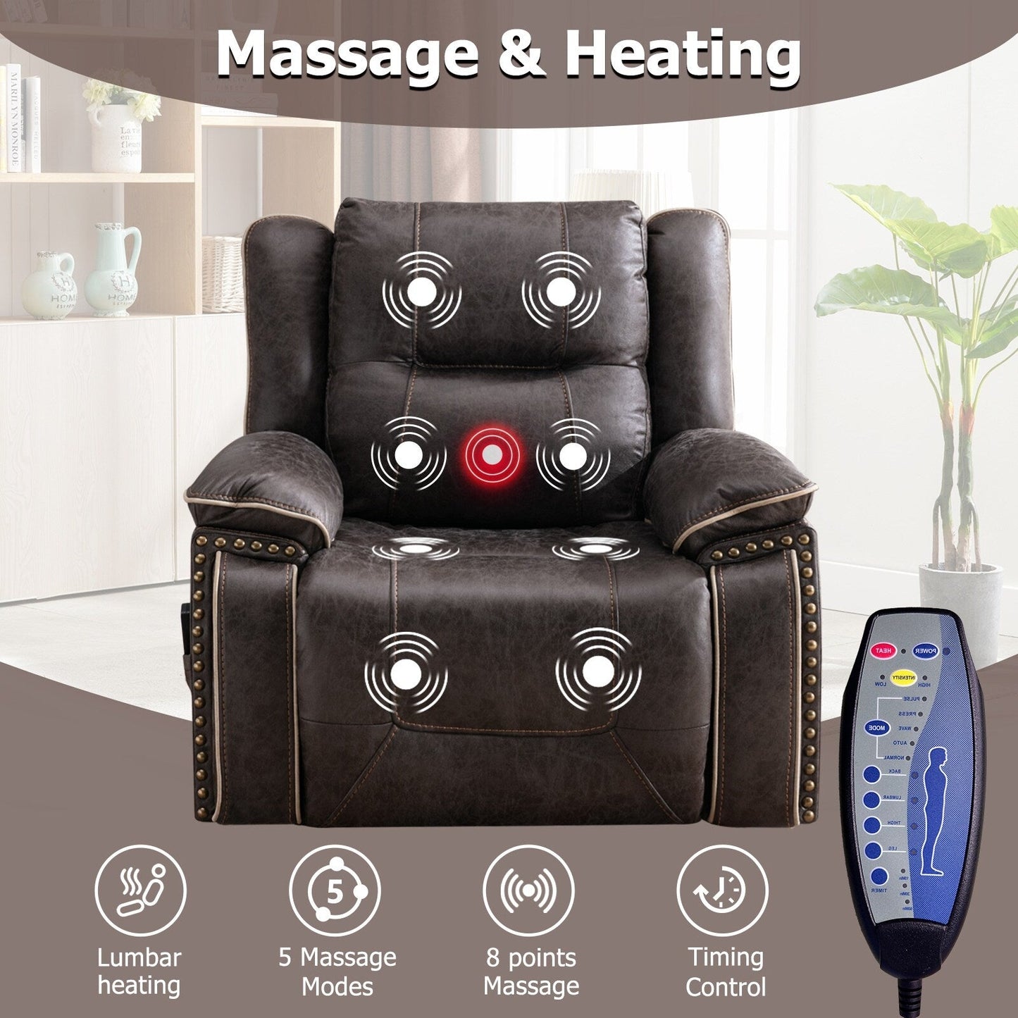 Fauteuil confortable Power Lift avec chauffage massant, porte-gobelet et port USB