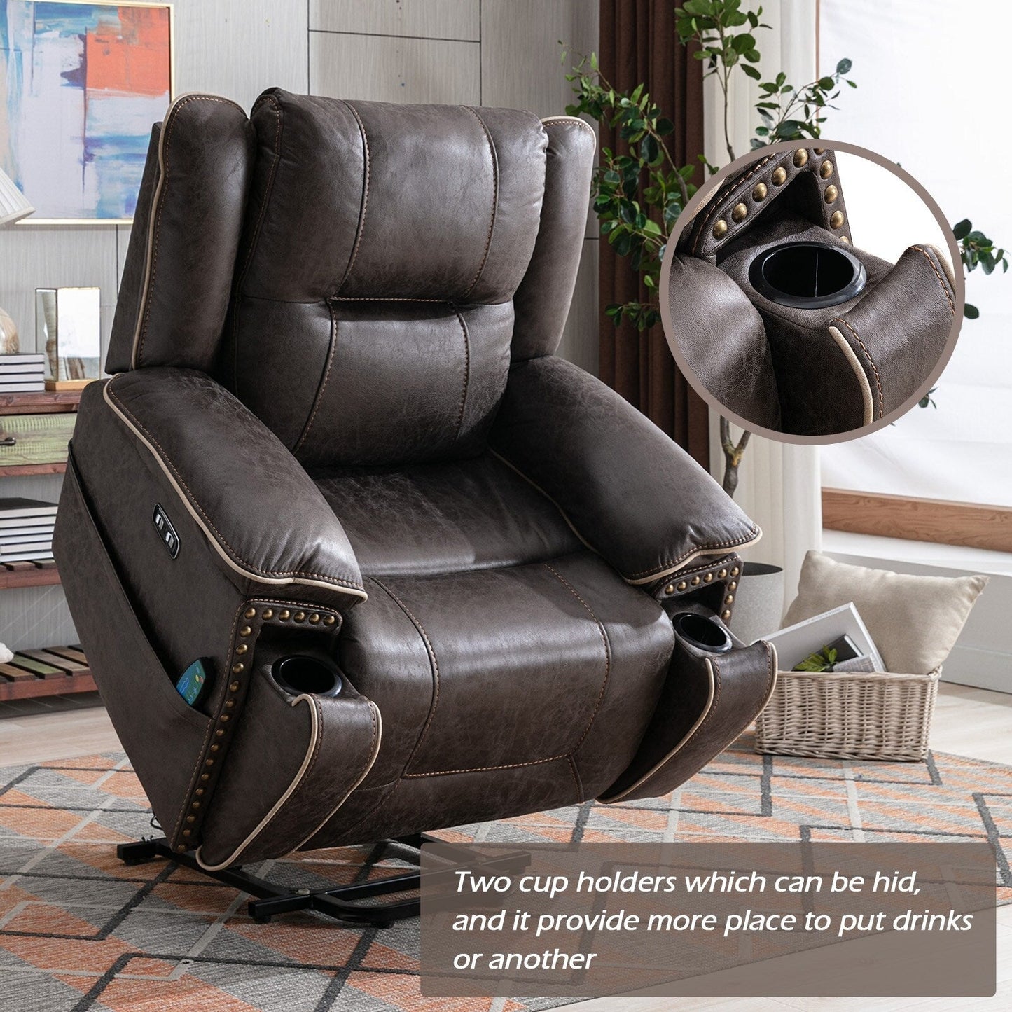 Fauteuil confortable Power Lift avec chauffage massant, porte-gobelet et port USB