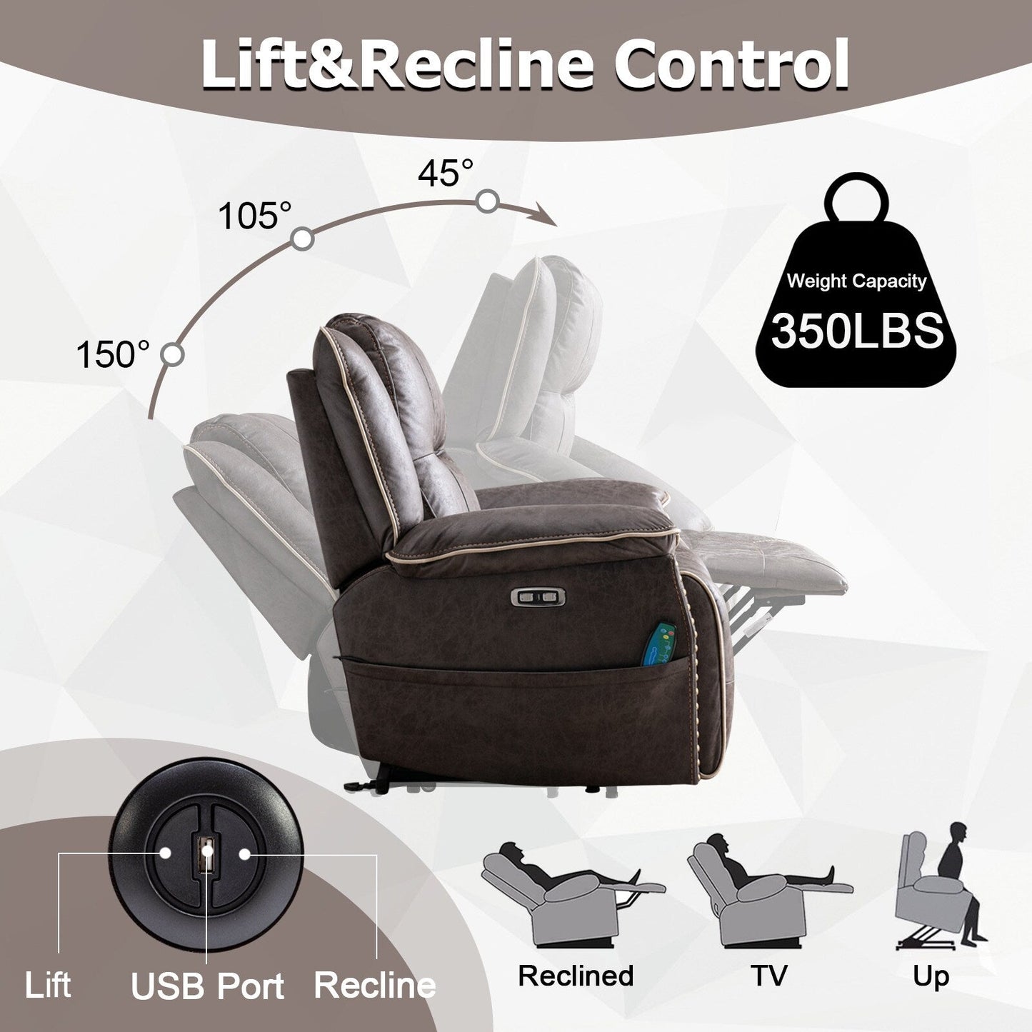 Fauteuil confortable Power Lift avec chauffage massant, porte-gobelet et port USB