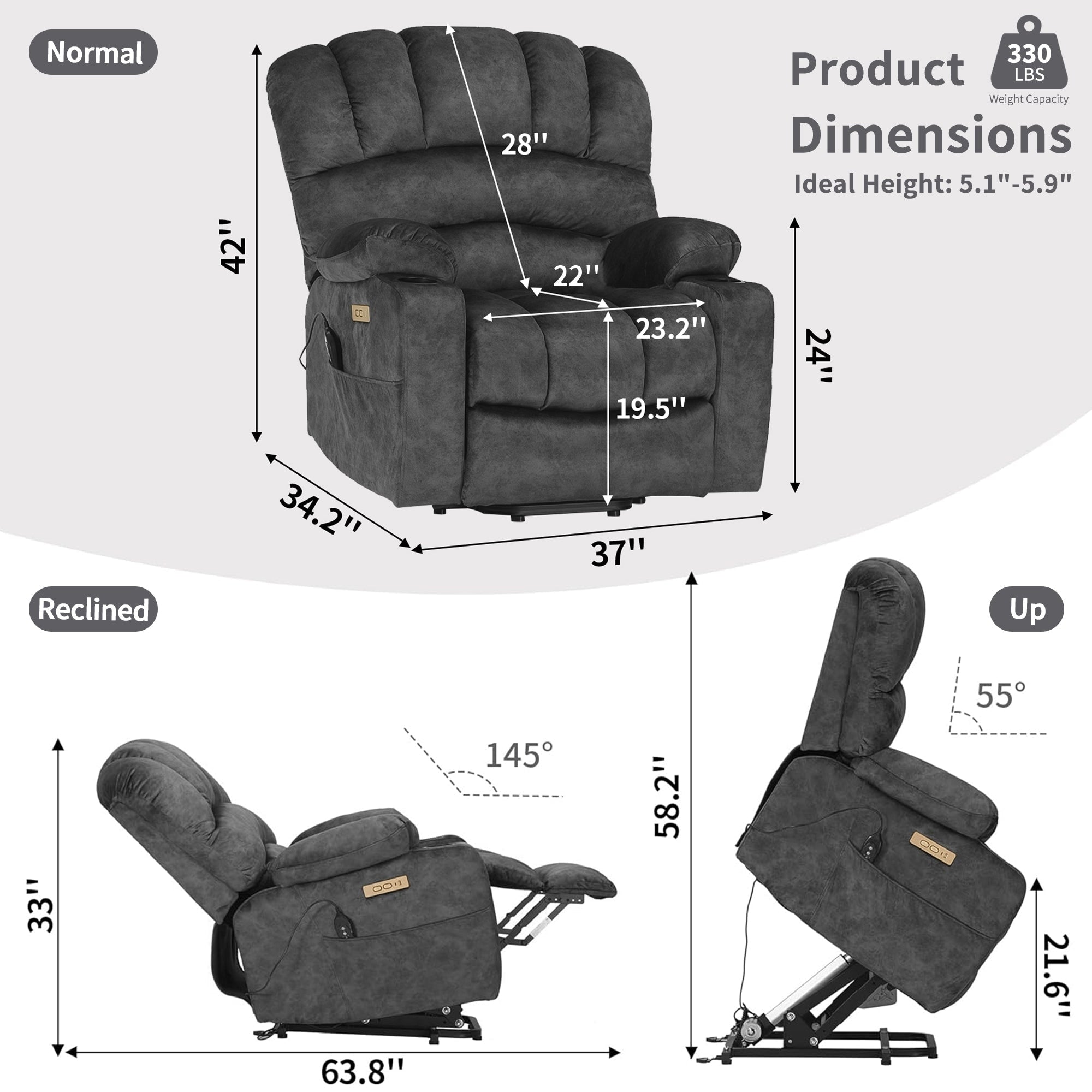 Fauteuil inclinable électrique avec dossier coque surdimensionné et massage thermique pour personnes âgées