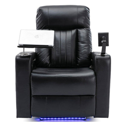 Fauteuil inclinable motorisé avec rangement dissimulé pour les accoudoirs, bande lumineuse LED, 2 porte-gobelets, plateau pivotant à 360° et support pour téléphone portable