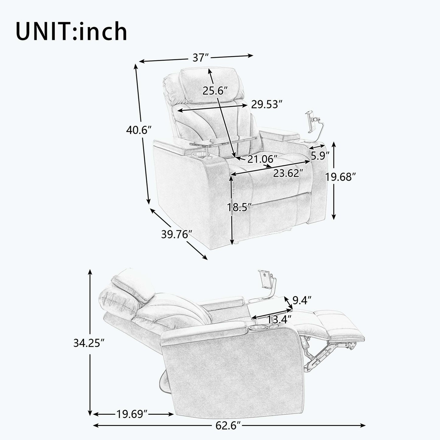 Fauteuil inclinable électrique avec port de chargement USB et rangement dissimulé des accoudoirs, avec porte-gobelet pratique et chaîne stéréo
