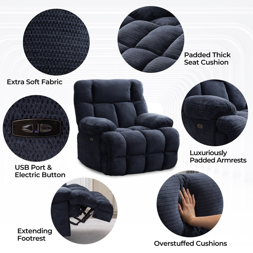 Fauteuil inclinable électrique surdimensionné Zero Gravity Big Man extra large pour salon avec port USB, siège large de 24 pouces, gris