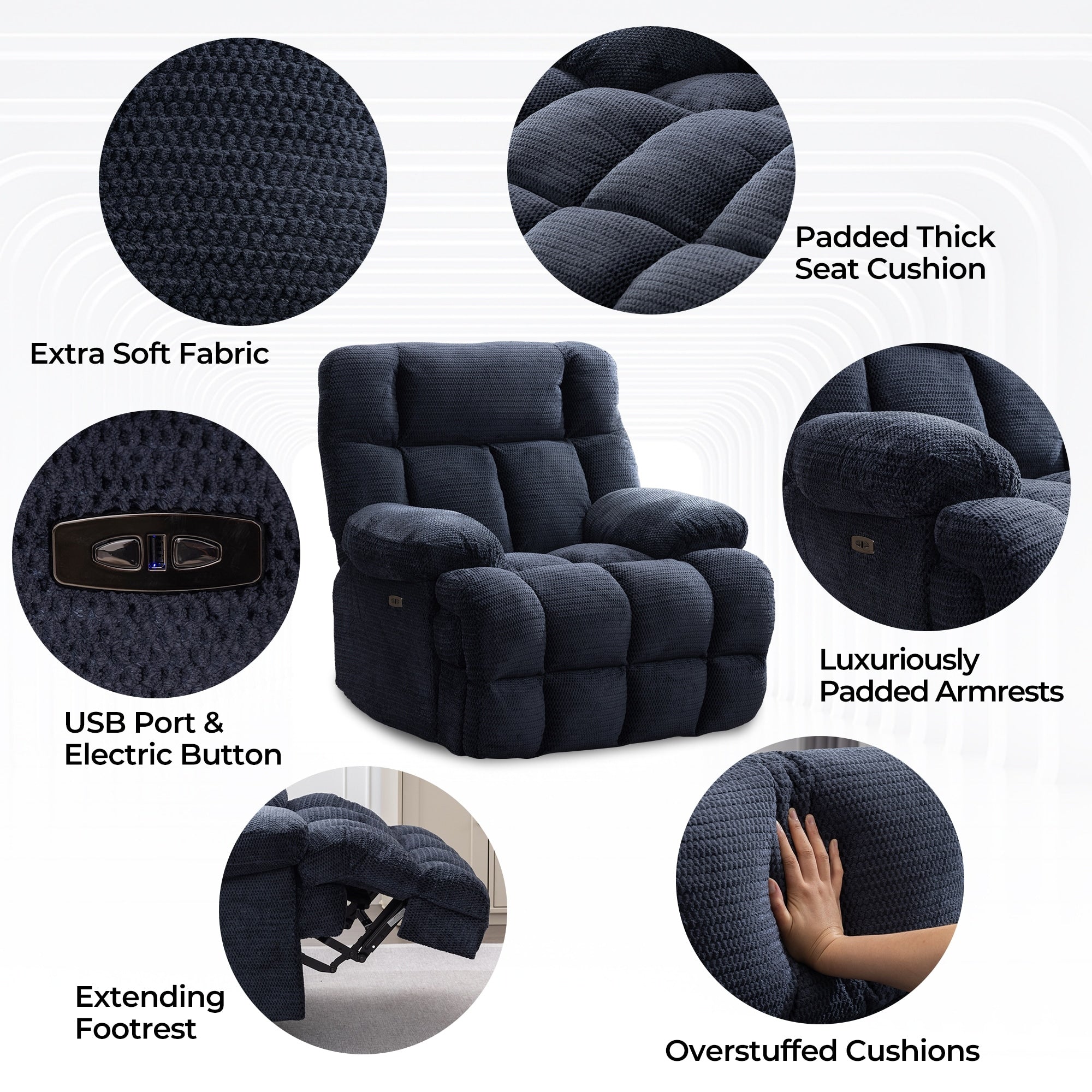 Fauteuil inclinable électrique surdimensionné, fauteuil inclinable extra large Zero Gravity pour salon avec port USB 43 x 39 x 43 cm