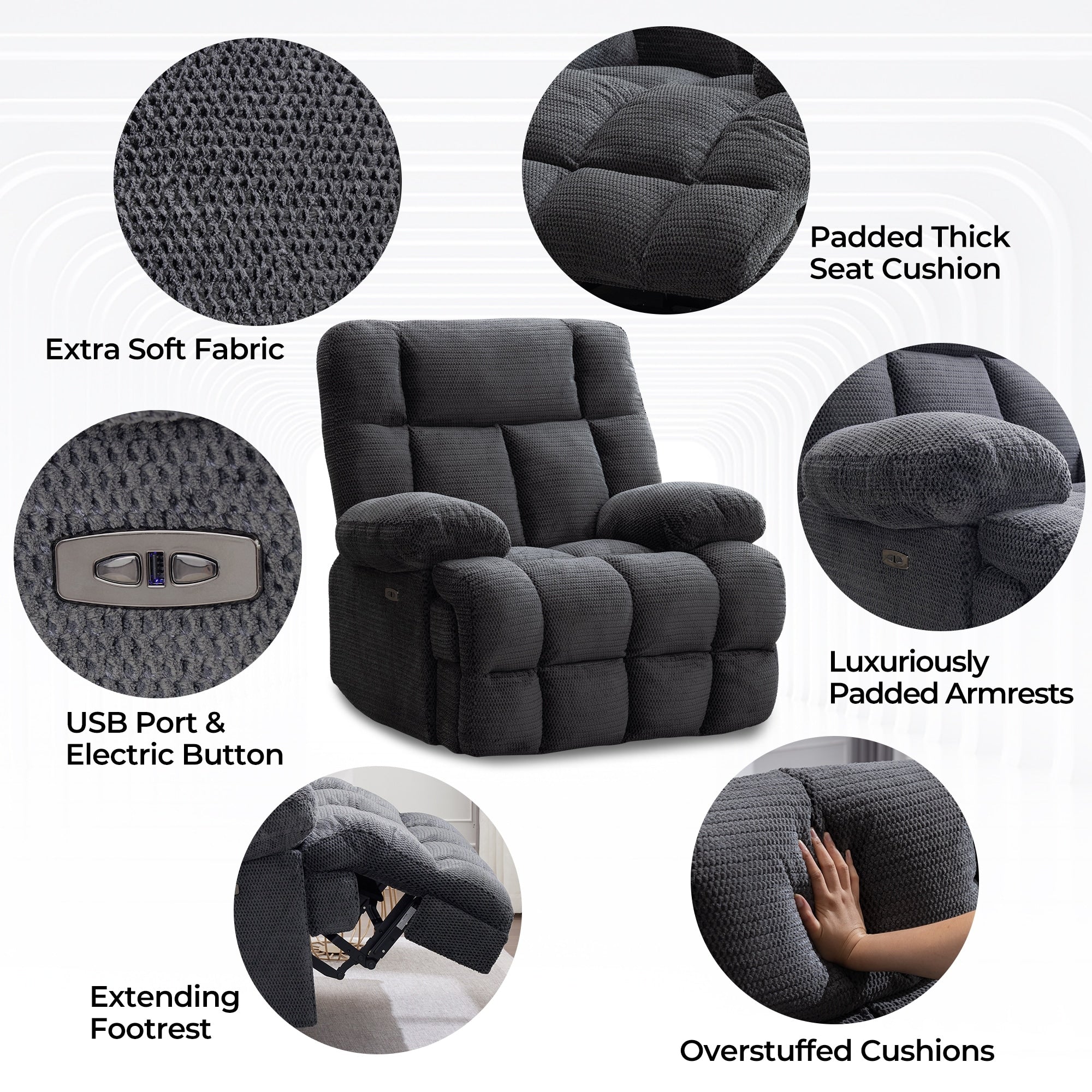 Fauteuil inclinable électrique surdimensionné, fauteuil inclinable extra large Zero Gravity pour salon avec port USB 43 x 39 x 43 cm