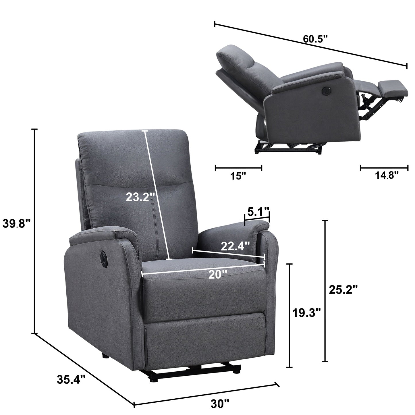 Fauteuil inclinable électrique avec port de charge USB, fauteuil inclinable simple pour salon ou chambre à coucher