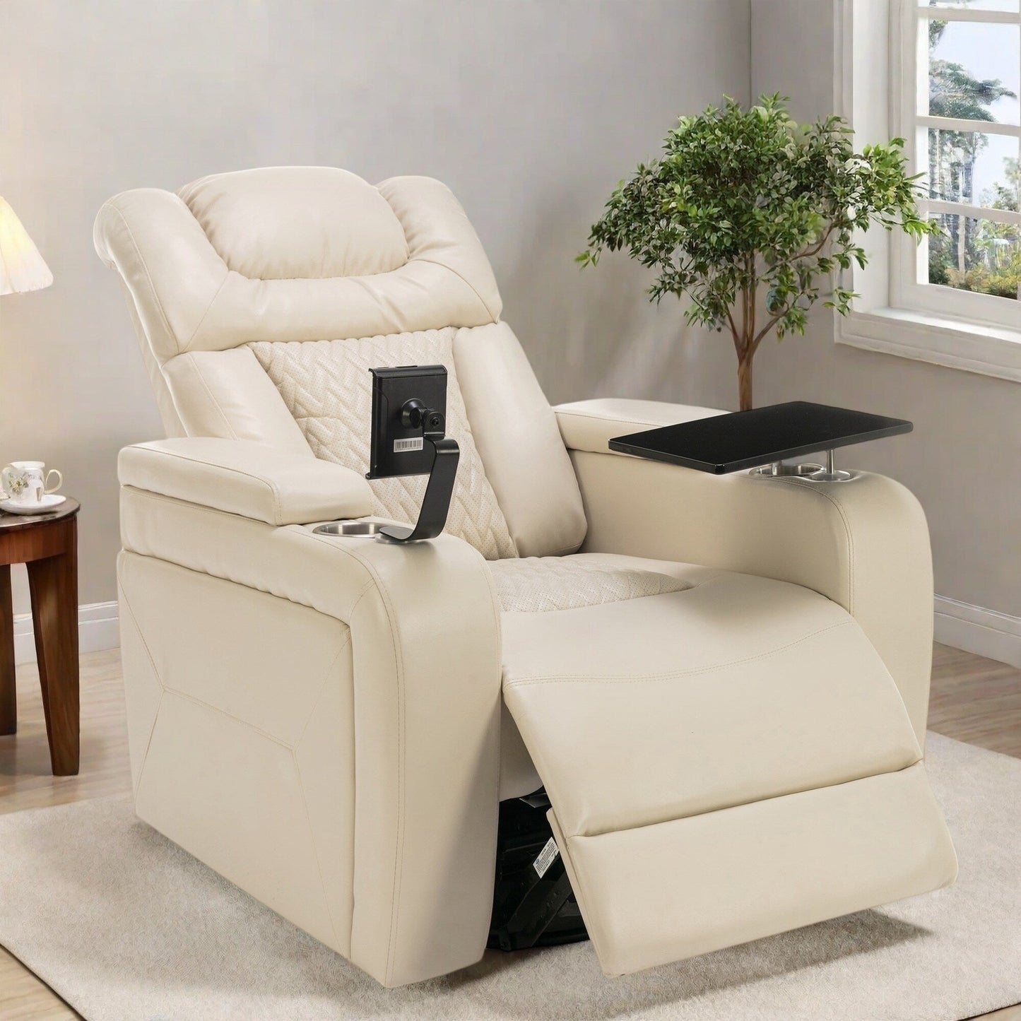Fauteuil inclinable électrique pivotant à 270°, fonction bascule, plateau, port USB, porte-gobelets et support pour téléphone