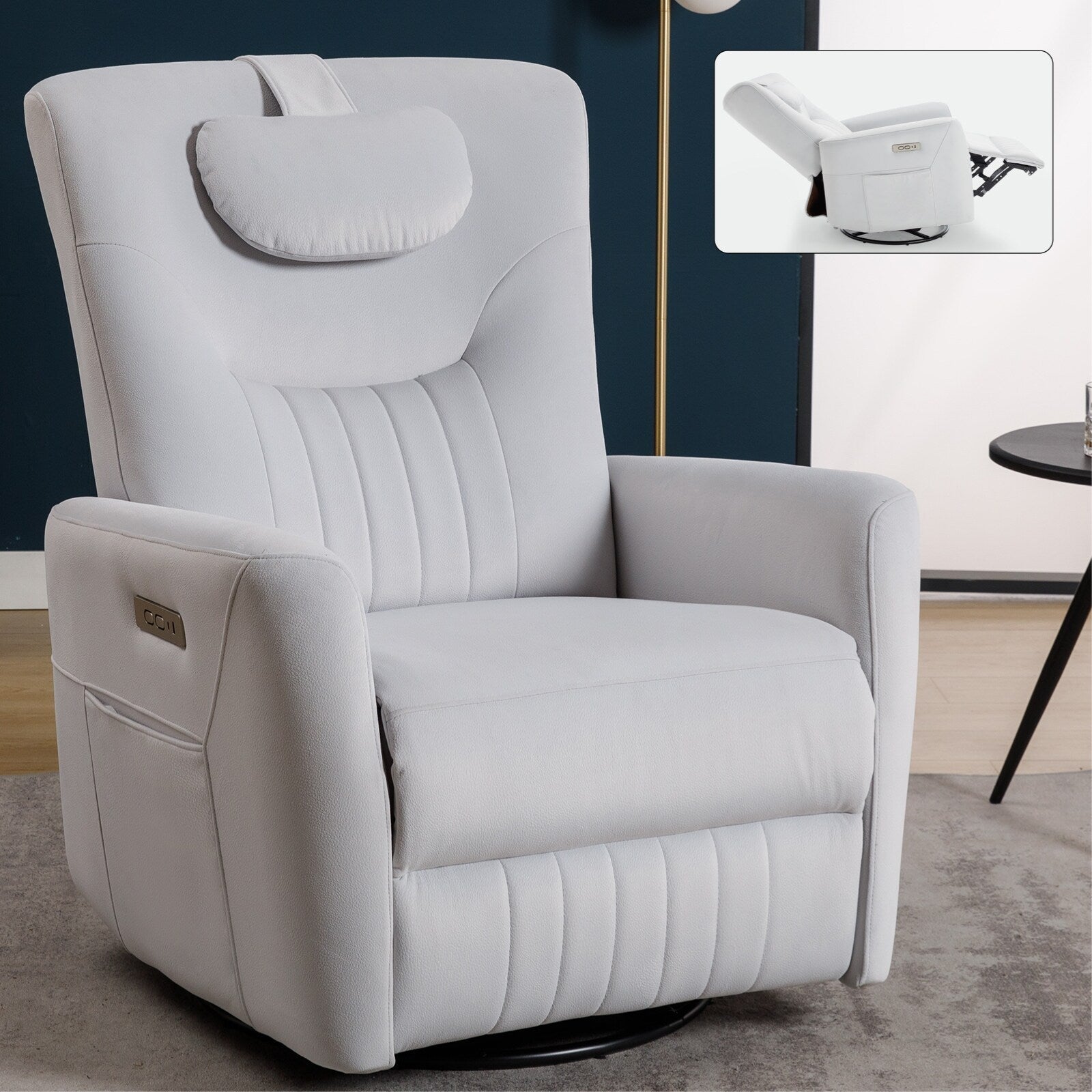 Fauteuil inclinable électrique pivotant à 270°, mouvement de bascule, coussin de soutien lombaire et cervical, ports USB et Type-C