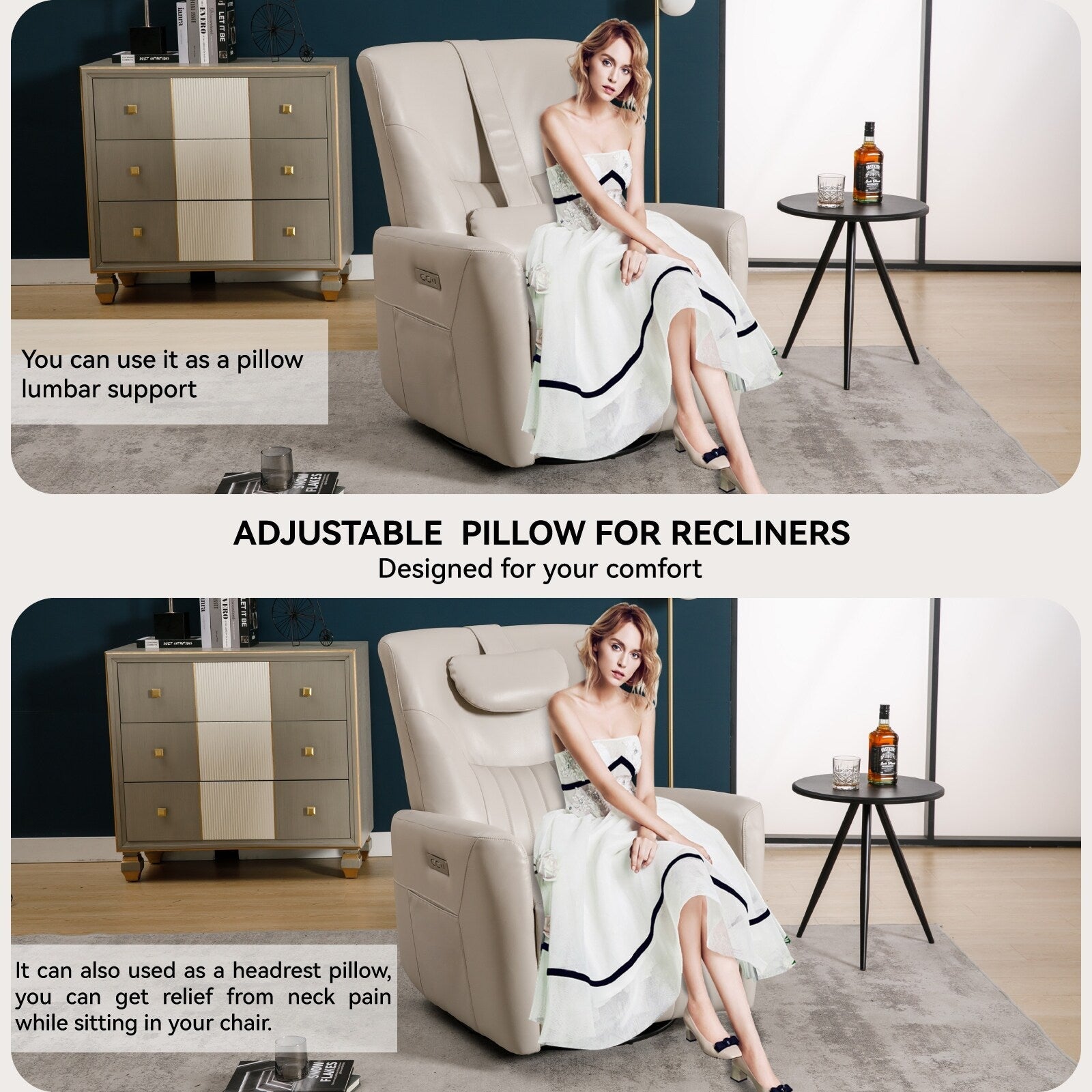 Fauteuil inclinable électrique pivotant à 270°, mouvement de bascule, coussin de soutien lombaire et cervical, ports USB et Type-C