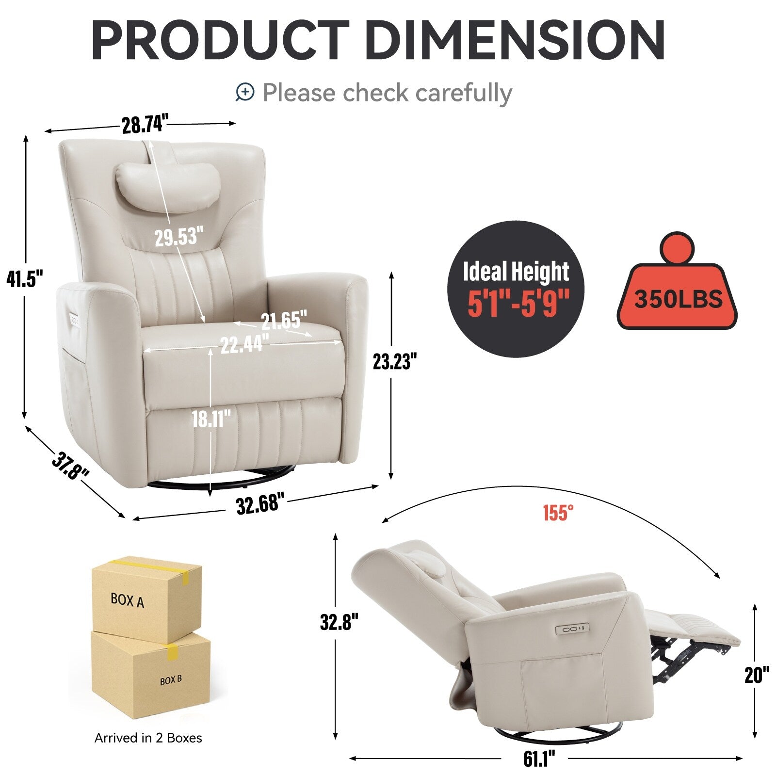 Fauteuil inclinable électrique pivotant à 270°, mouvement de bascule, coussin de soutien lombaire et cervical, ports USB et Type-C