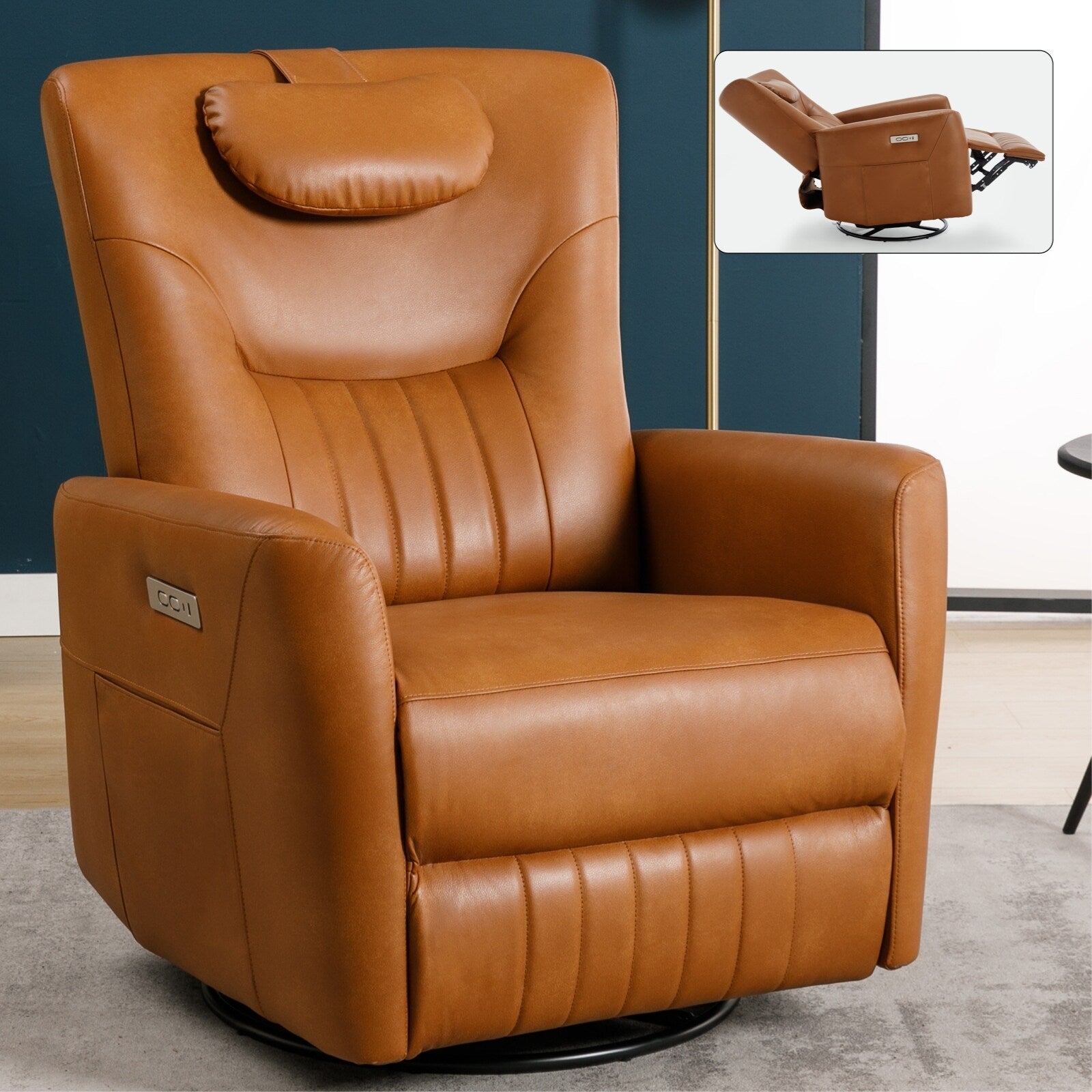 Fauteuil inclinable électrique pivotant à 270°, mouvement de bascule, coussin de soutien lombaire et cervical, ports USB et Type-C